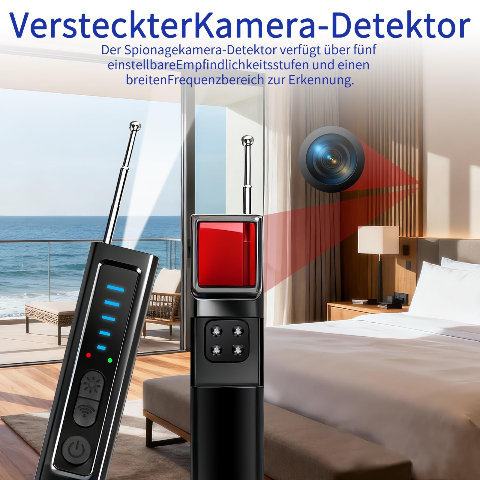Détecteur de Caméra et Micro Espion 4 en 1 Détecteur RF sans Fil 1MHz-8GHz avec 5 Niveaux de Sensibilité, Alarme Sécurité pour Maison Bureau Hôtel Voyage