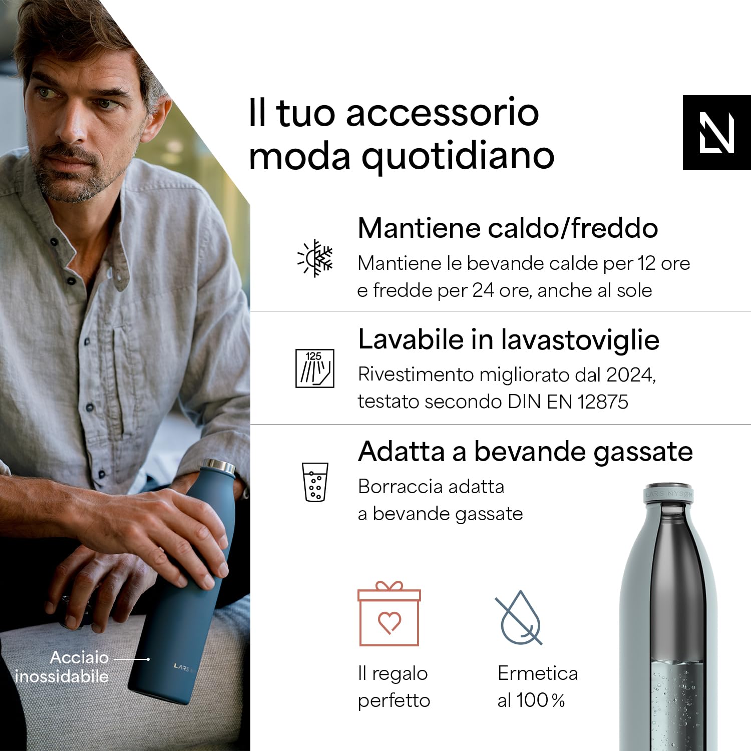 LARS NYSØM Borraccia Termica 1500ml in Acciaio Inox | Bottiglia isolata 1.5 litro | Bottiglia d'Acqua a Tenuta stagna per Sport, Bicicletta, Cane, Bambino, (Sky Blue, XL 1500ml)