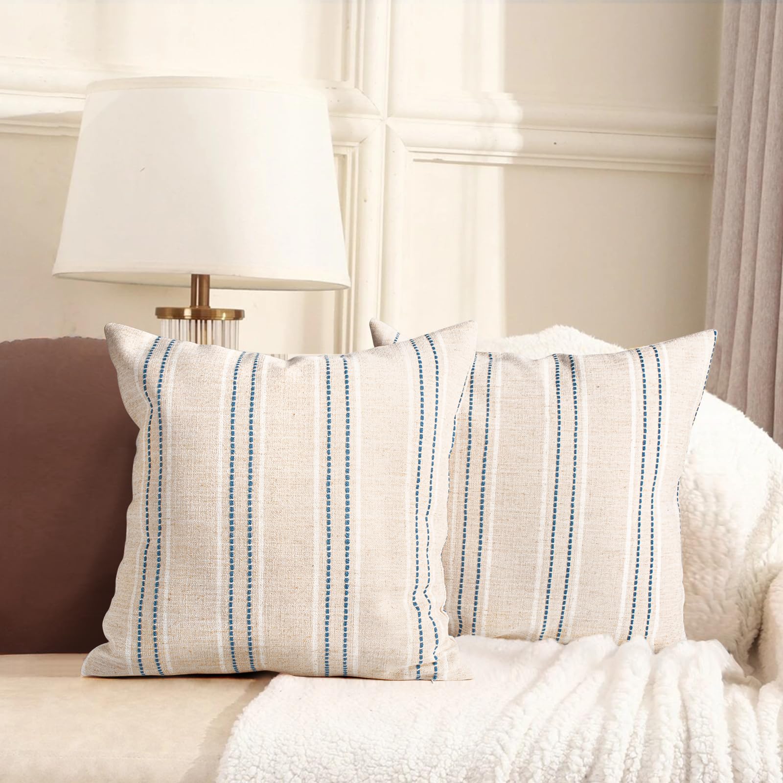 AELS 16x16 Decorative Farmhouse Linen Throw Pillow Covers, Boho Textured Pillow Case, Set of 2, Beige with White & Navy Blue Stitch Yarn Dyed Stripe Cushion Cover for Couch Living Room (Cover ONLY)