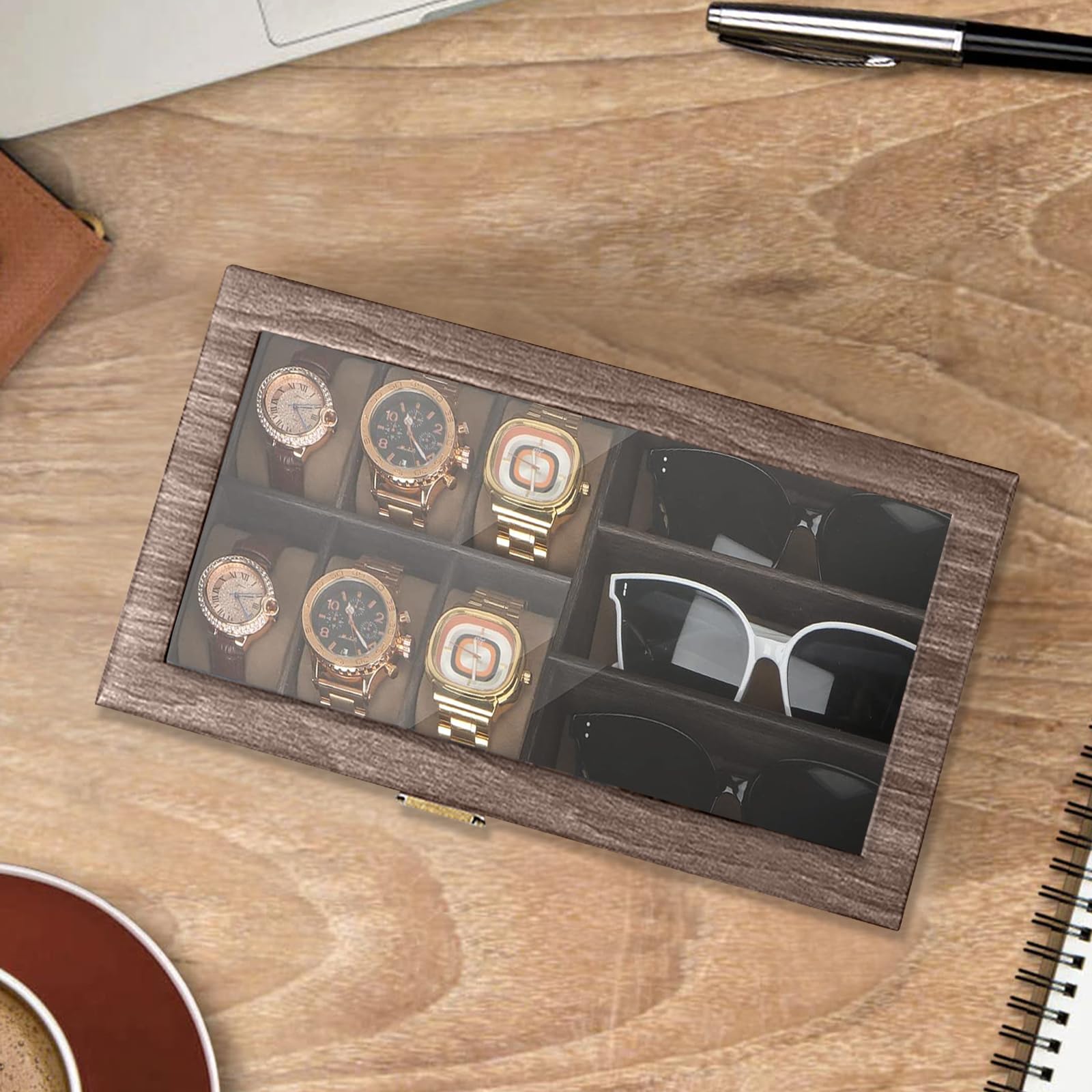 Bois Boîte à lunettes en Cuir Écrin Boîte Montres pour 6 montres et 3 pièces de Rangement lunettes de soleil (39 * 21.5 * 8.5cm)