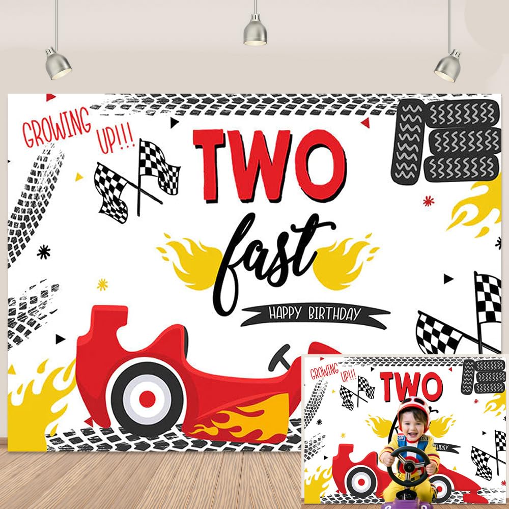 Red Car Two Fast Birthday Backdrop Banner for Kids Boys Red Race Car Backdrop for Birthday Party Racing Tires Car Two Fast Photography Background Party Decorations 6x4Ft