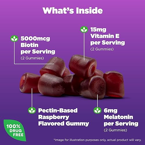 Miniatura 3 de Natrol Sleep Beauty - Gomitas de melatonina biotina y vitamina E 100 libres de drogas sabor a frambuesa para dormir 60 unidades