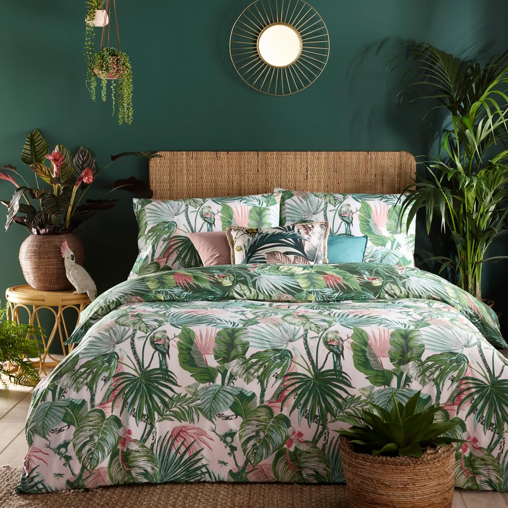 furn. Amazonia Rainforest Copripiumino – Reversibile Stampa Giungla Tropicale con Animali e Motivi Botanici (Verde Giada – King UK Standard – 230x220cm)