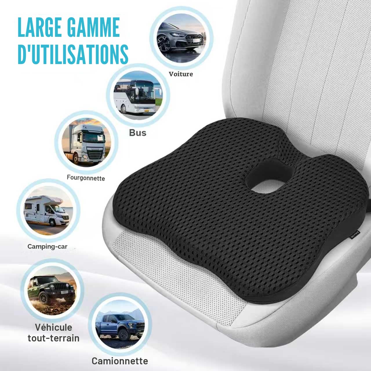 Coussin de Siège Auto – Rehausseur Ergonomique en Mousse à Mémoire de Forme avec Fond Antidérapant et Sangle Réglable – Coussin de Siège pour Voiture, Camion, Bureau et Maison