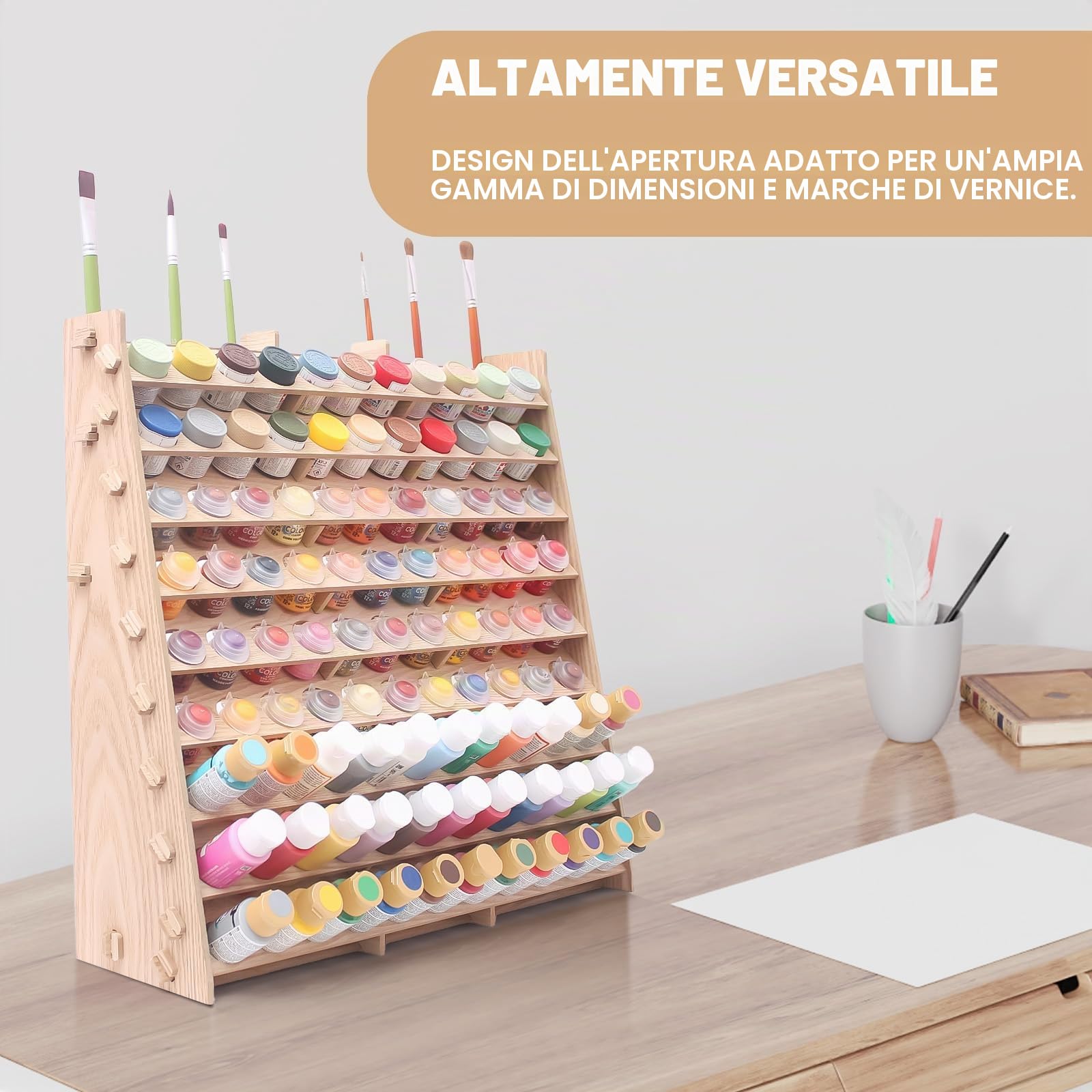Organizer extra large in legno a 9 ripiani per 99 bottiglie, organizer per pittura e pennelli, per olio acrilico, artigianato, hobby, mini modellini, pittura, pittura, organizer per artisti