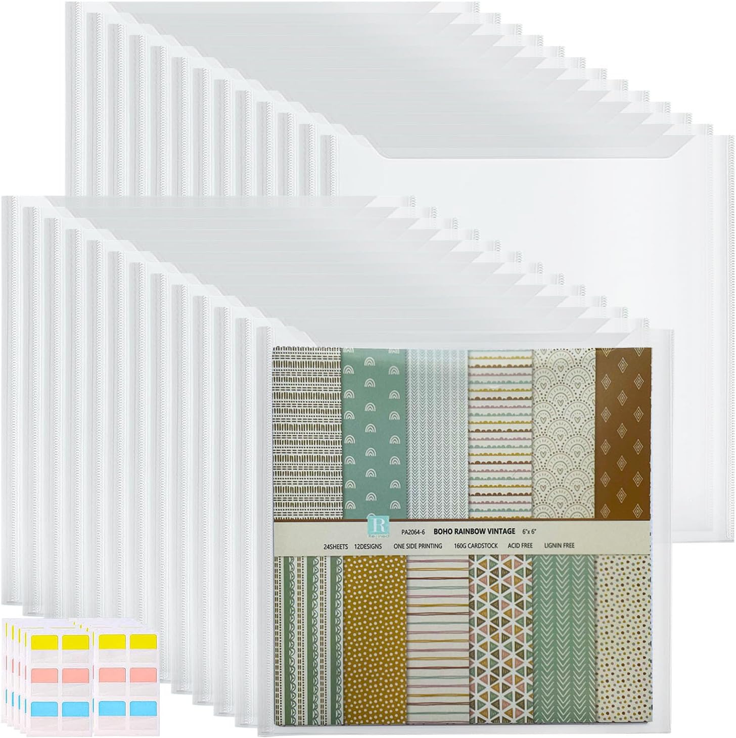 60 Pcs 6x6 Inch Clear Scrapbook Paper Storage with 60 Pcs Sticky Index Tabs - Airtight Plastic Craft Organizer for Scrapbook Paper, Cardstock, Vinyl Sheets & Cookie Stencils