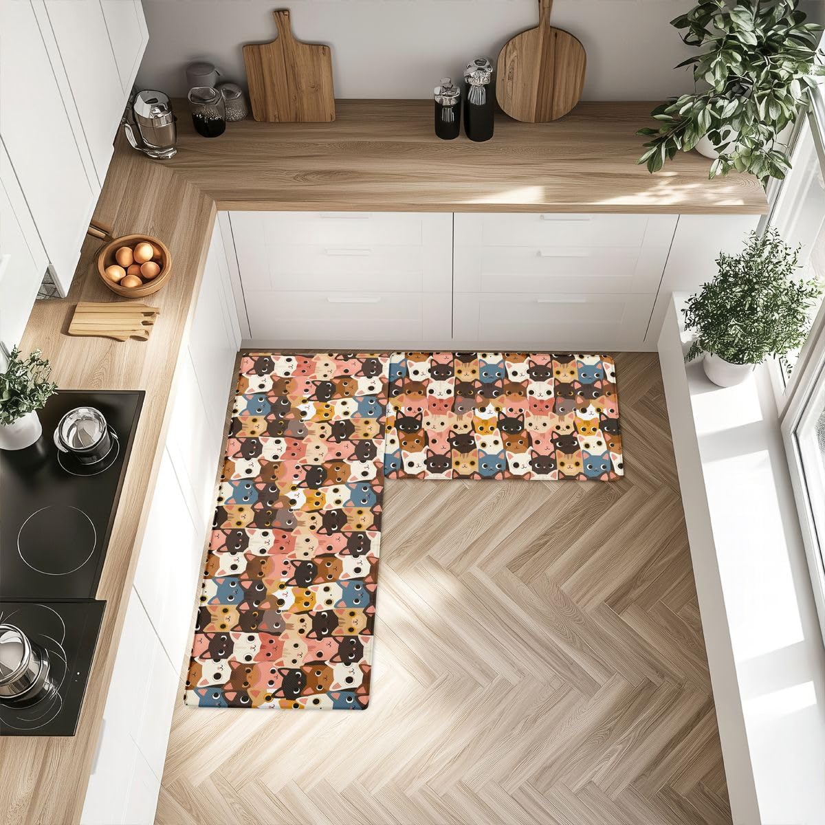 Feelyou Cat Kitchen Rugs Sets 2PCS，Cats Print Kitchen Mats for Floor，Kitten Cushioned Anti Fatigue，Pet Waterproof Non-Slip Rugs for Office Laundry Room Decor Accessories 17.3"x28"+17.3"x47"inch image 4