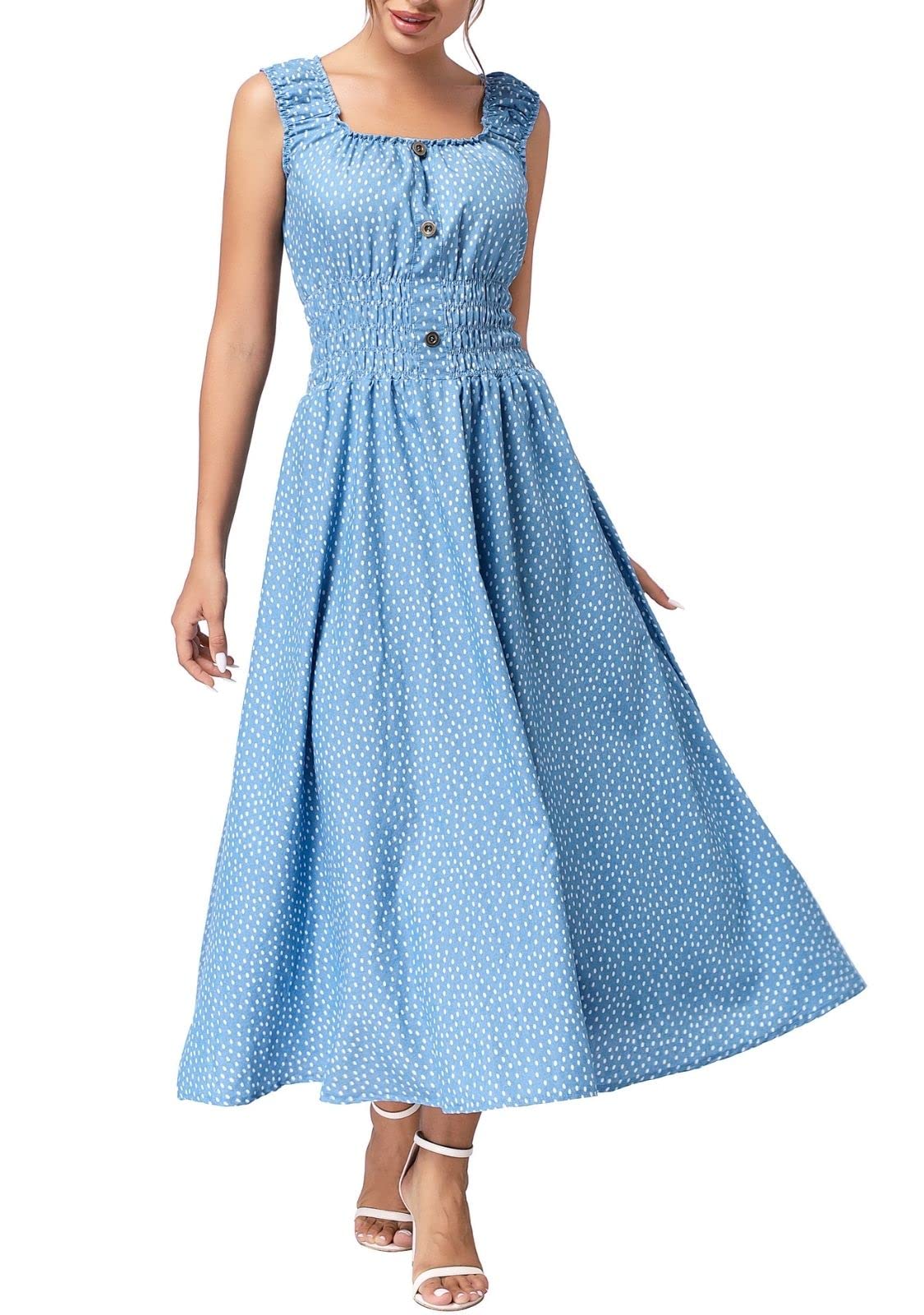 DREFBUFY Vestido largo de mezclilla para mujer, sin mangas, casual, de algodón, color azul, bohemio, holgado, largo, para mujer