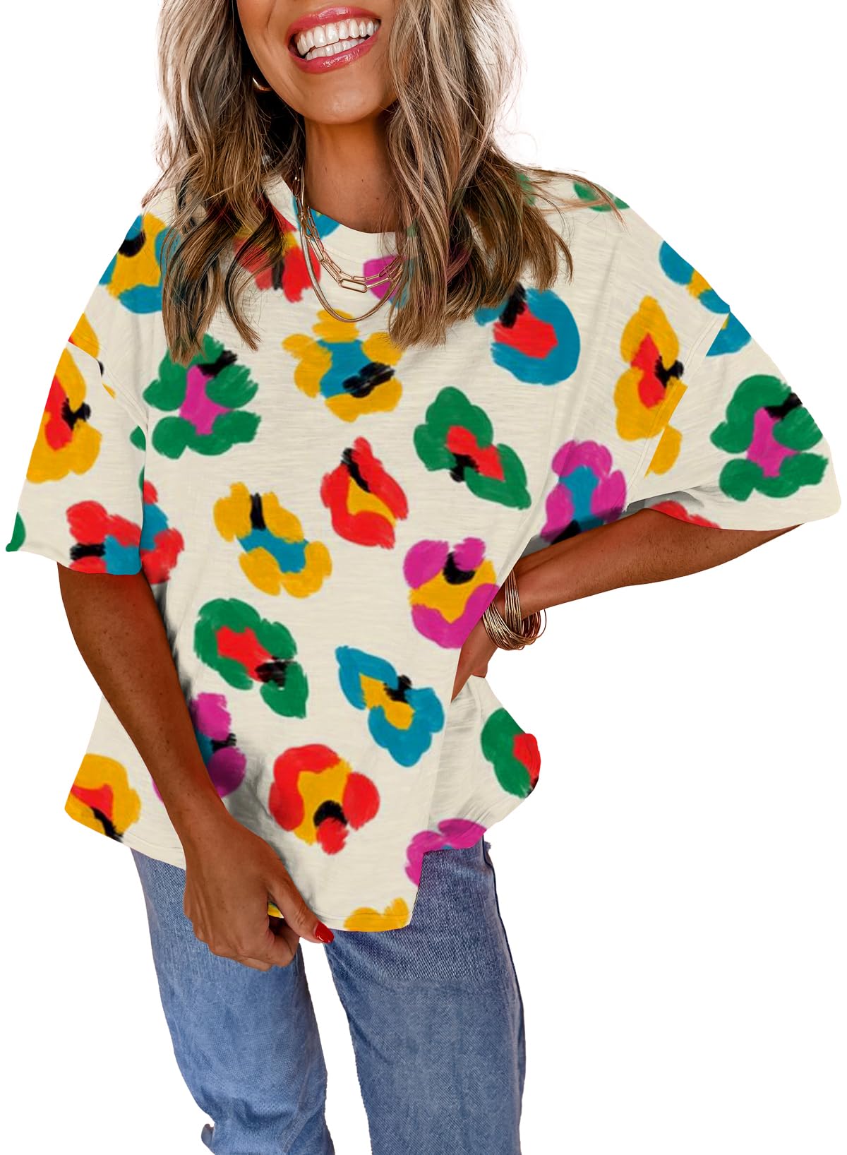 Melliflo Women Color Blocking Half Sleeved Crewneck Drop Shoulder Oversize Tee 2024 New Casual Summer Tops