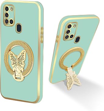 nancheng Butterfly Kickstand Phone Case for Samsung Galaxy A21S 6.5-inch, with Wrist Lanyard Shockproof Protective Cover for Girls Women - Light Green