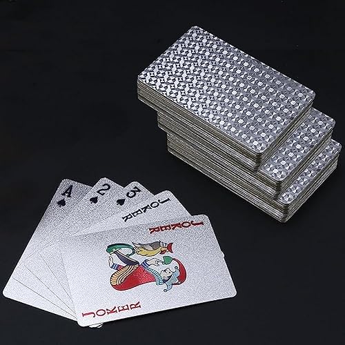 ZZZANA Cartas de juego de lámina plateada, 3 barajas de cartas con caja de plástico clásico trucos de magia herramienta para fiesta de lujo y juego