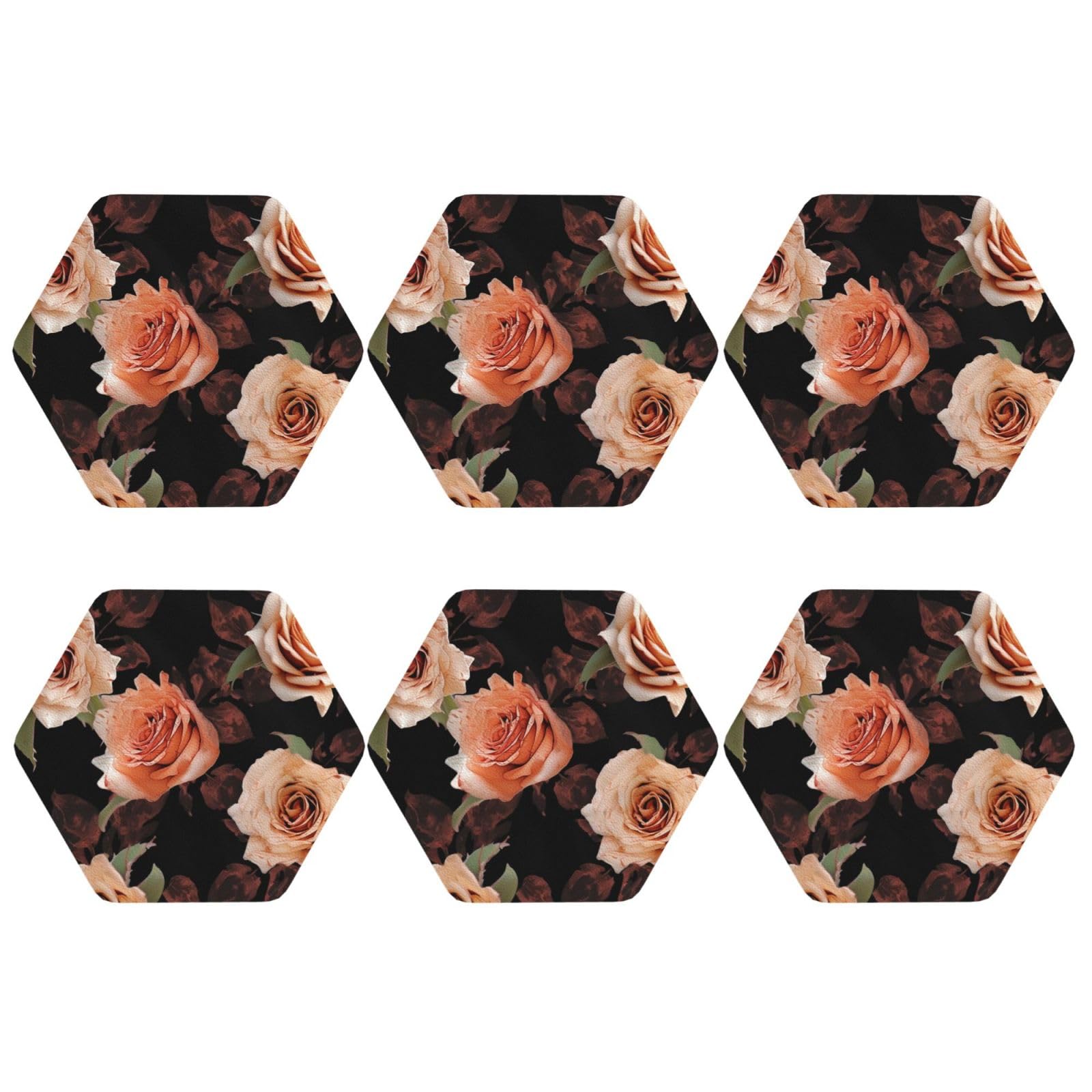 6pcs Leather Coasters for Drinks, Black Peach Rose Drink Coasters for Tabletop Protection, 4" Cup Coasters for Coffee Table Decor, Non-Slip Drinking Cup Mat for Hot Or Cold Drink