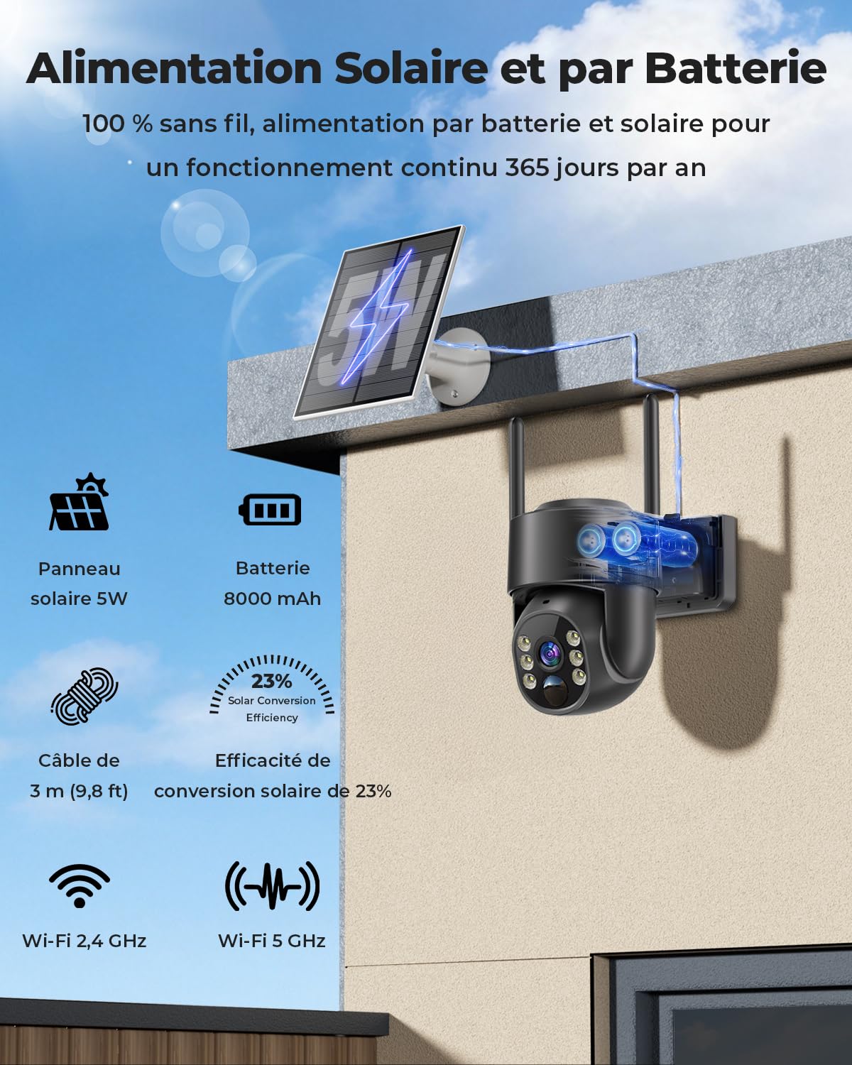 Camera Surveillance WiFi Exterieure sans Fil Solaire 2.5K 4MP avec Panneau Solaire 5W, 2K QHD, Batterie 8000mAh, 2.4G et 5GHz Wi-FI, 360° PTZ Suivi Automatique, IP66, PIR Détection