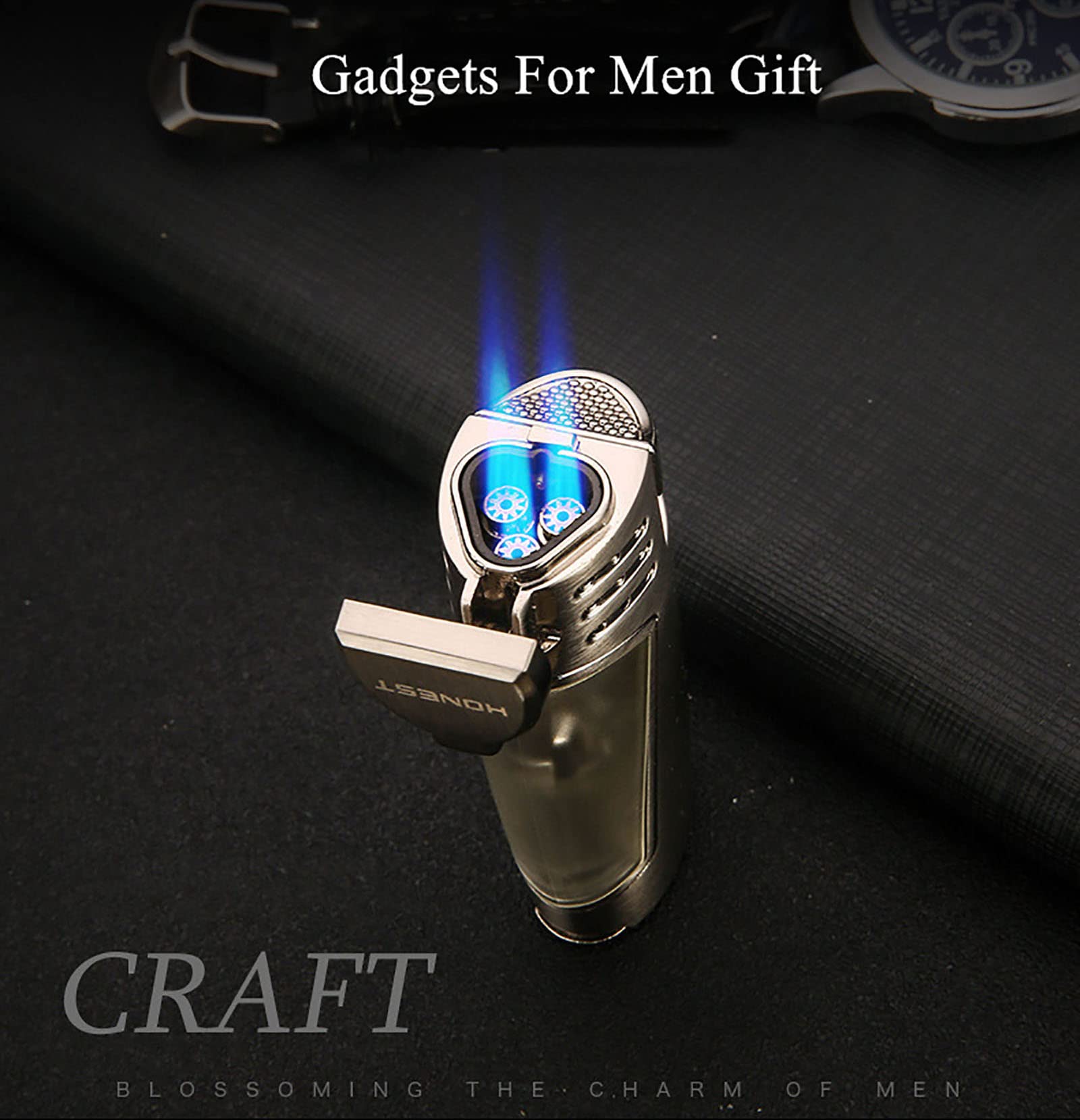 Encendedor Multifunción Jet Torch Encendedor de Butano 3 Llama Azul Material Metálico con Cortapuros Ventana Visible Sin Combustible,Black