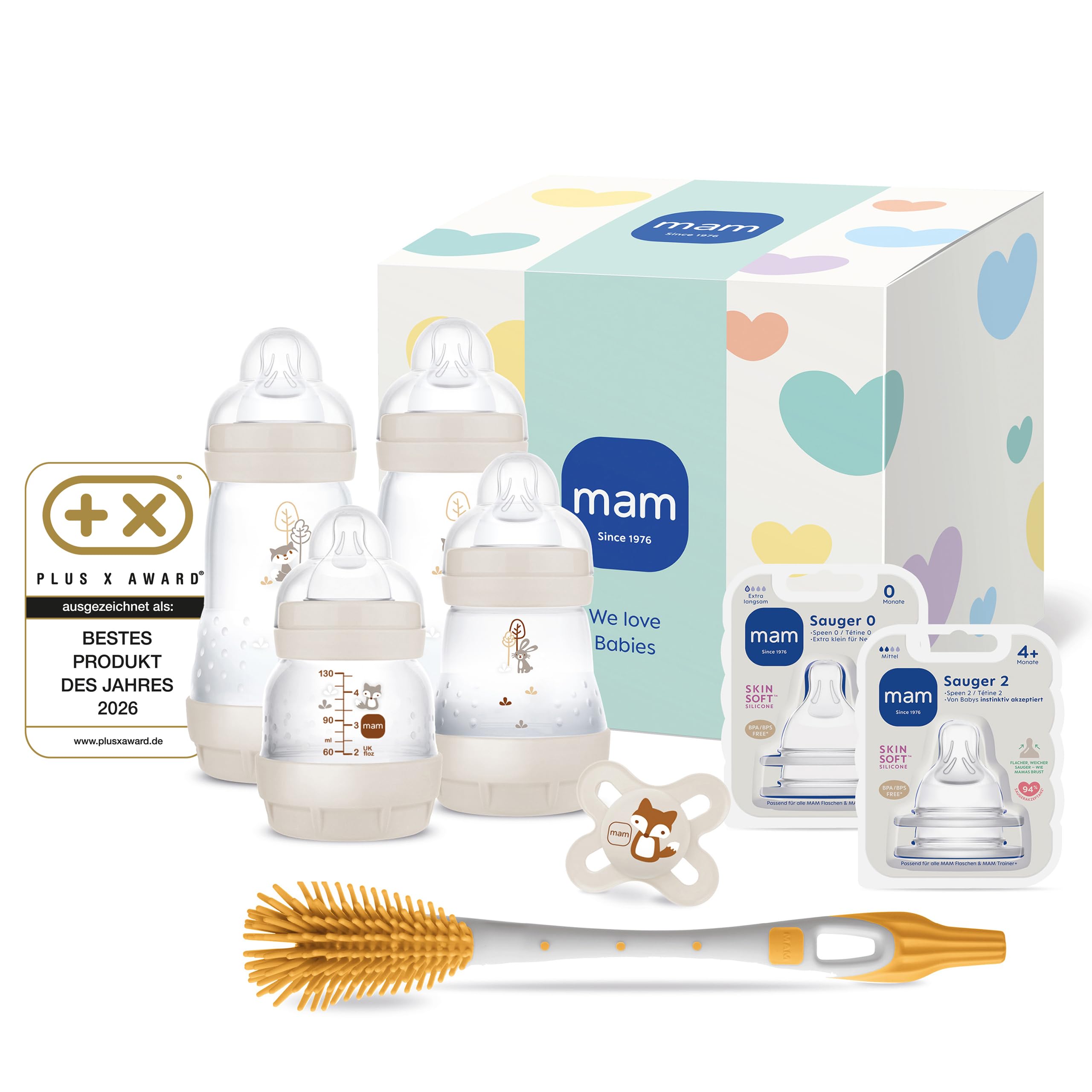 MAM Easy Start Anti-Colic Neugeborenen-Set | 0+ | Babyflaschen-Set | 94% Akzeptanz | 96% Hebammen-Empfehlung | 80% weniger Koliken | 4 Trinkflaschen, 1 Schnuller, 2 Sauger & 1 Soft Brush | beige
