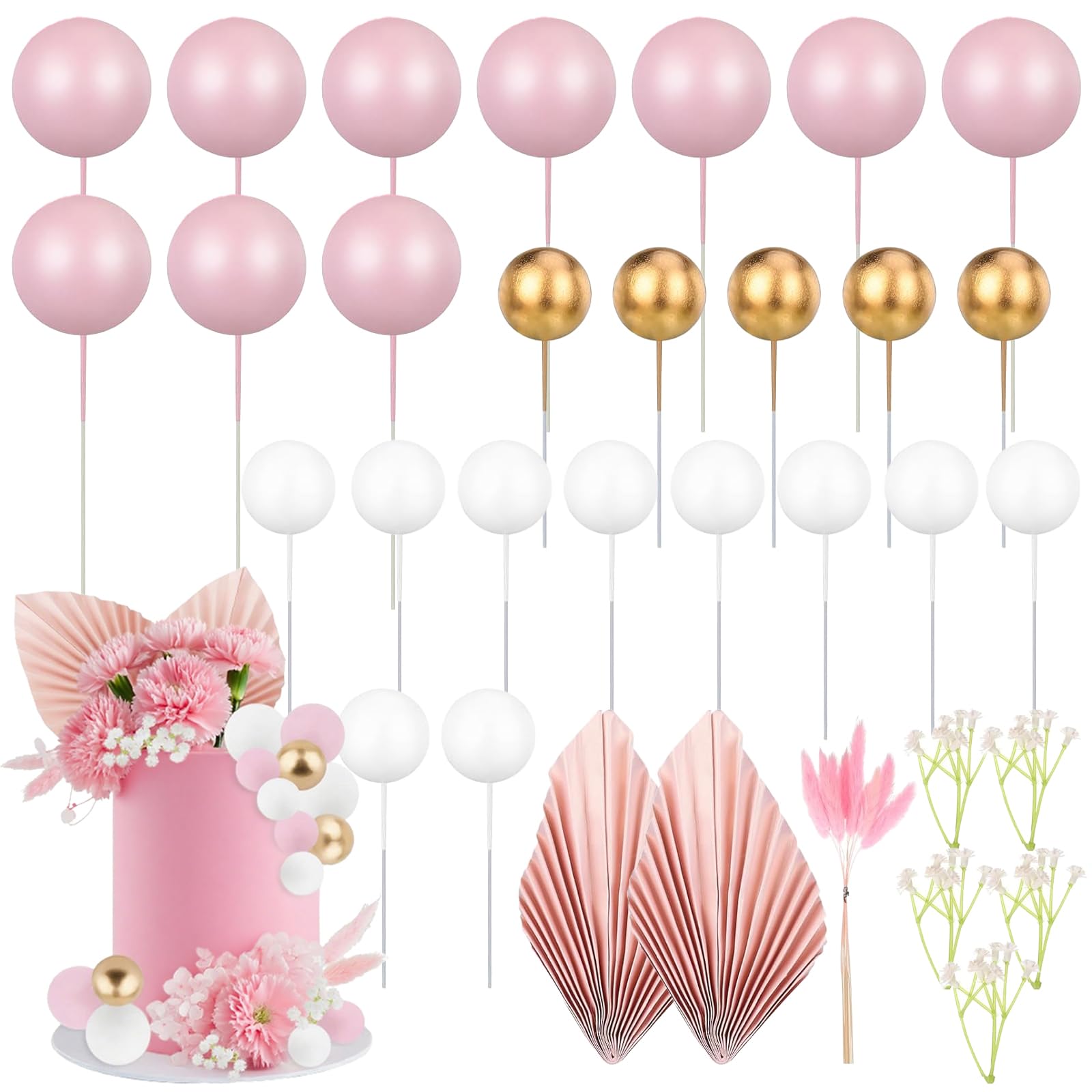 42 Pcs Cake Decorations,Pink Palm Ginkgo Leaves Cake Decoration,Pink White Gold Ball Cake Topper Decorations Party Supplies,for Weddings,Birthdays,Babies,Christmas,Valentine's Day,Anniversary