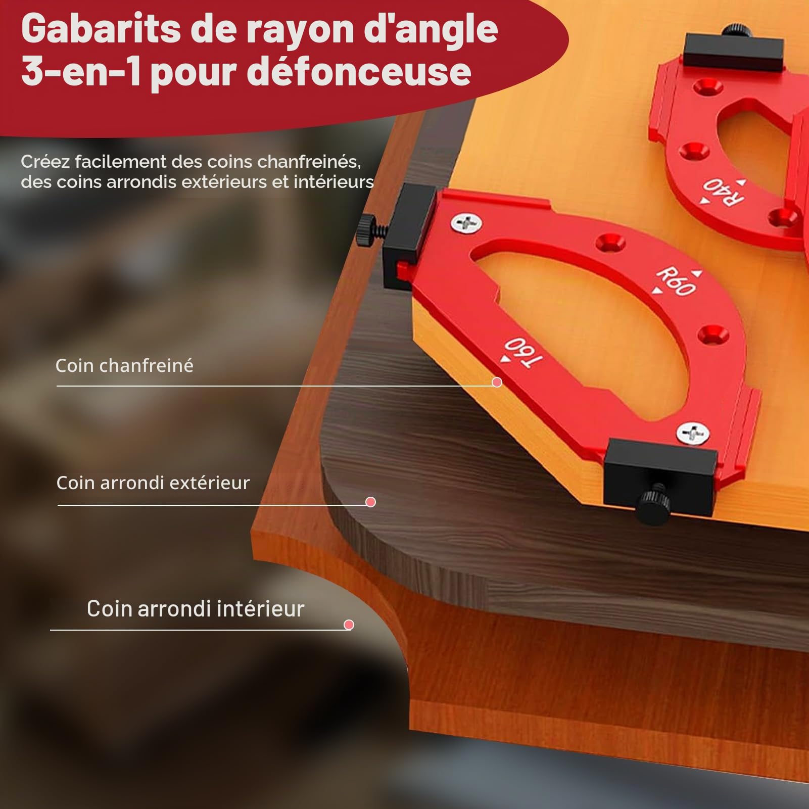 Lot de 7 Gabarit Defonceuse a Bois D'angle avec Clip Amovible en Alliage D'aluminium pour Le Travail Du Bois Outil Auxiliaire de Coupe à L'arc R10 R15 R20 R25 R30 R35 R40 R50 R60