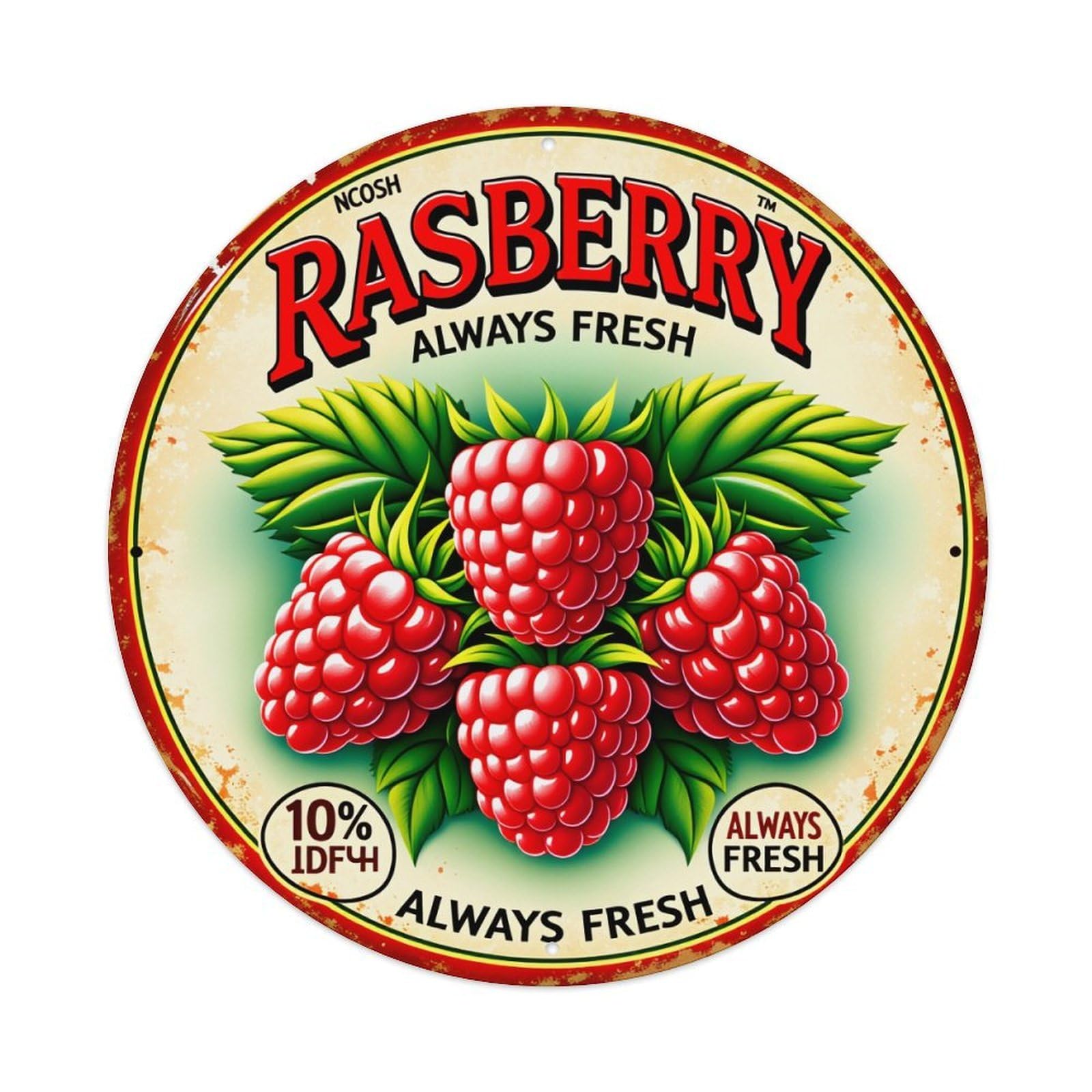 Raspberry Always Fresh With Green Leaves And Red Berries Round Vintage Tin Sign,Retro Wall Art,Metal Poster for Home, Bar, Garage, Cafe, Rustic Indoor & Outdoor Decor, 8x8 Inches