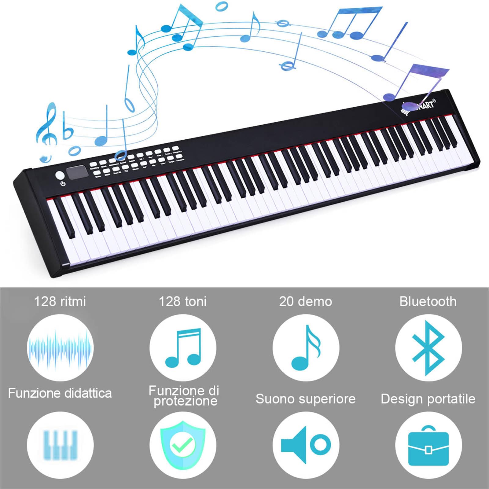 COSTWAY Pianoforte Digitale 88 Tasti, Tastiera Elettronica con Custodia Borsa, Pianola Elettronica con 128 Ritmi e Toni, MIDI e Funzione di APP Bluetooth, per Principianti (Nero)