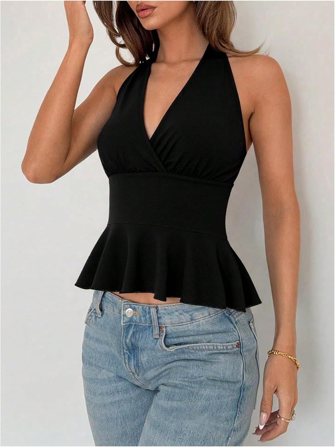 SOLY HUX Women's Halter V Neck Peplum Tops Wrap Tie Backless Sleeveless Ruffle Hem Going Out Tank Top - Image 3