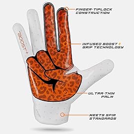 Grip Boost Football Gloves - Peace Stealth 6.0 Boost Plus Sticky Technology - Adult and Youth Football Gloves for Wide Receiver - Men\'s and Boys Sizes (White/Orange, Youth Small)