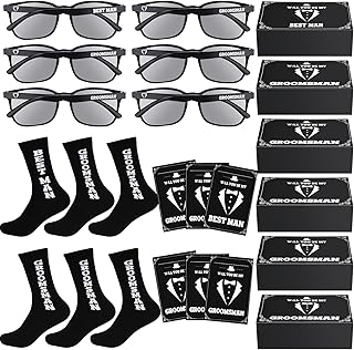 Handepo 24 Pcs Groomsmen Gift Wedding Gift, Including 6 Pairs Black Groomsmen Socks 6 Wedding Sunglasses 6 Groomsmen Gift Boxes Empty 6 Proposal Cards for Wedding Proposal Bachelor Party