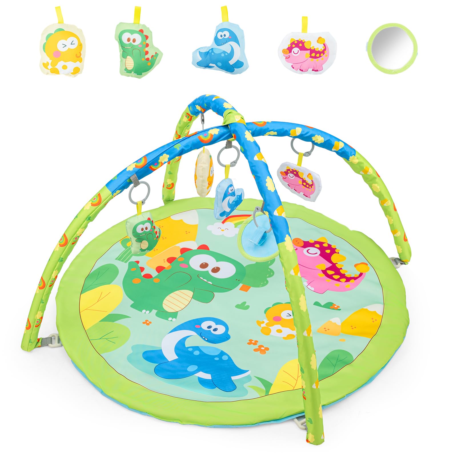 BREEZENEST Baby Play Gym & Activity Mat with Sensory Toys – Arch, Kick Piano, Mirror, Crinkle Medallion, Soft Book, Rattle, Ocean Balls, Playmat for Newborns & Infants (0-36 Months) (Dinosaur-Round)