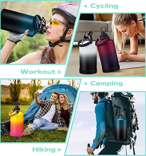 Miniatura 8 de Botellas de agua aisladas de 1 galón, botella de agua de acero inoxidable de 128 onzas con popote y tapa de pico automático, mango de paracaídas,