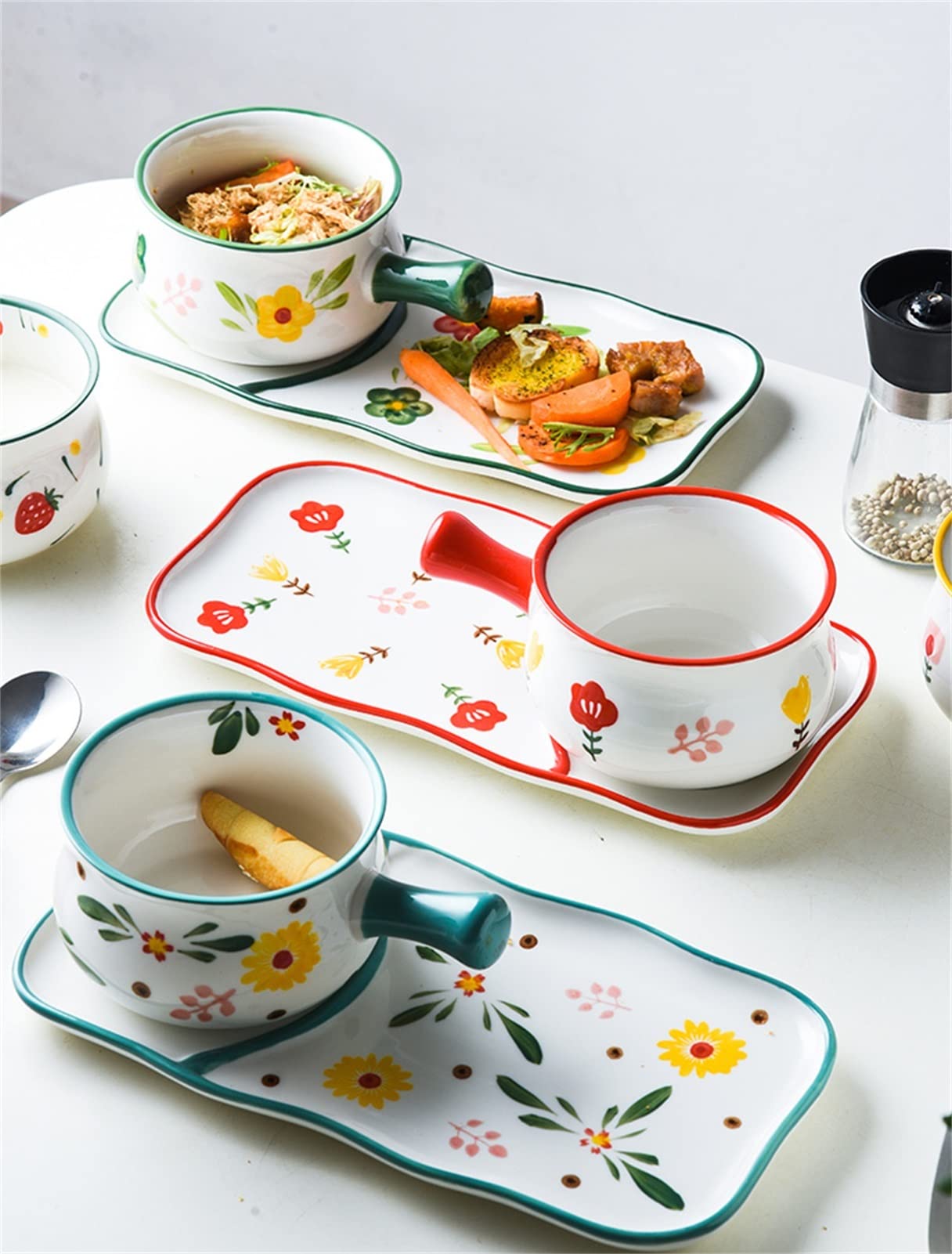 Podzielony zestaw talerzy Retro styl rustykalny Kwadratowe ceramiczne zastawy stołowe Talerze sałatkowe Naczynia do kuchni Kreatywne z miskami, łyżką, pałeczkami, łyżką i tacą 6 sztuk