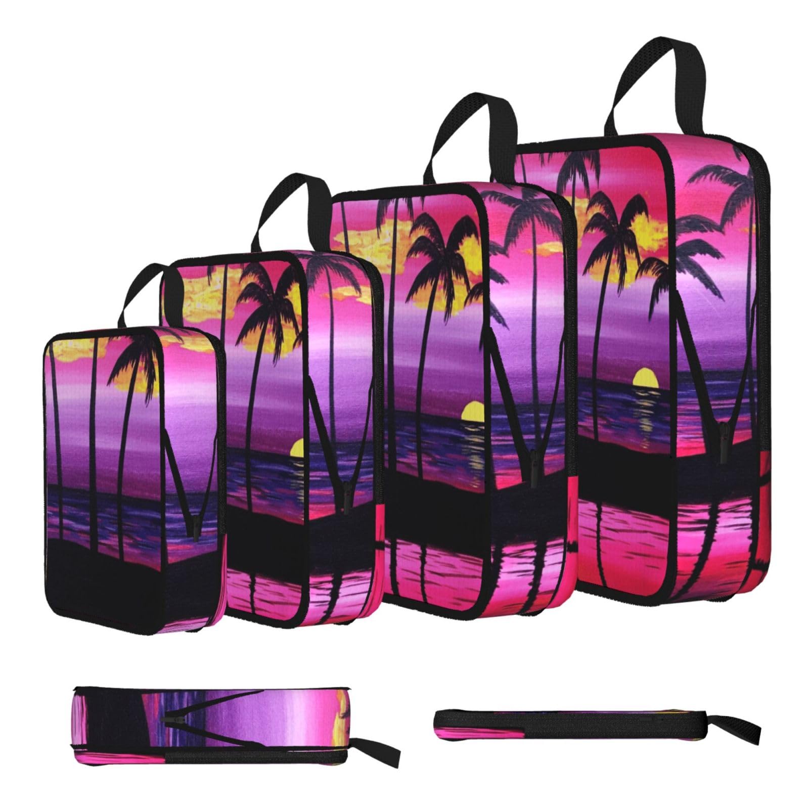 Esnaiuvcd Black Tropical Palm Tree Print 4 Set Compression Packing Cubes For Suitcases,Expandable Storage Bags Organizers