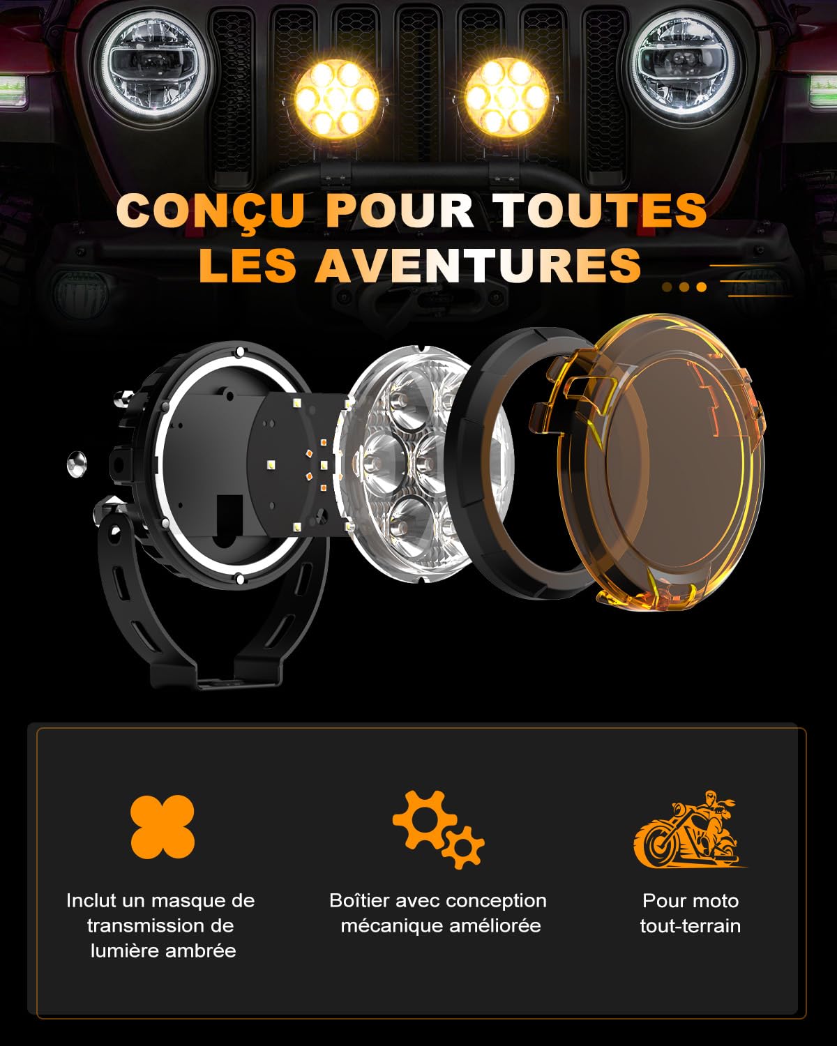 CO LIGHT Feux Additionnels Moto LED, 140W/2PCS Phares Antibrouillard Moto Stroboscope Phare Kit Capot Ambré Amovible Supports et Câblage Universel pour ADV Moto R 1250GS