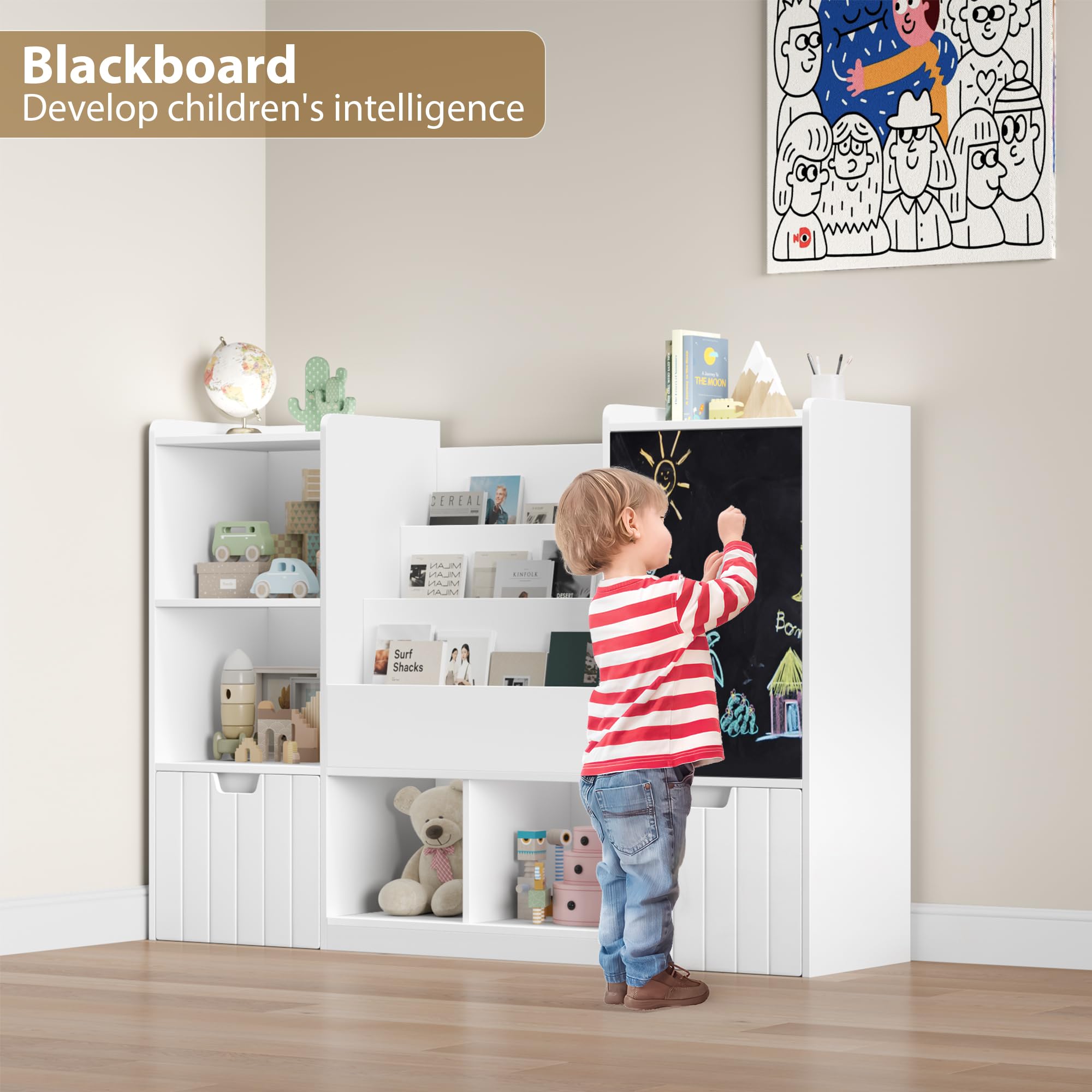finetones Toy Storage Organizer, 55.1” Large Toy Organizer and Storage with Chalkboard, Kids Bookshelf and Bookcase with 2 Movable Drawers and 6 Storage Cubbies, Toy Chest Organizer with Blackboard