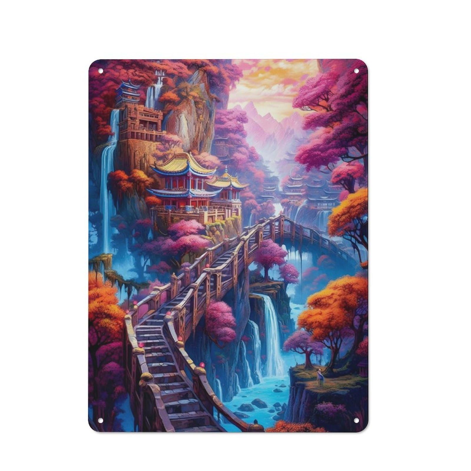 Junmoney Fantasy Village Cliff Vintage Tin Sign 40X30cm With For Guest Room Or Hallway, For Themed Room Decoration, For Vintage Wall Decor Fans