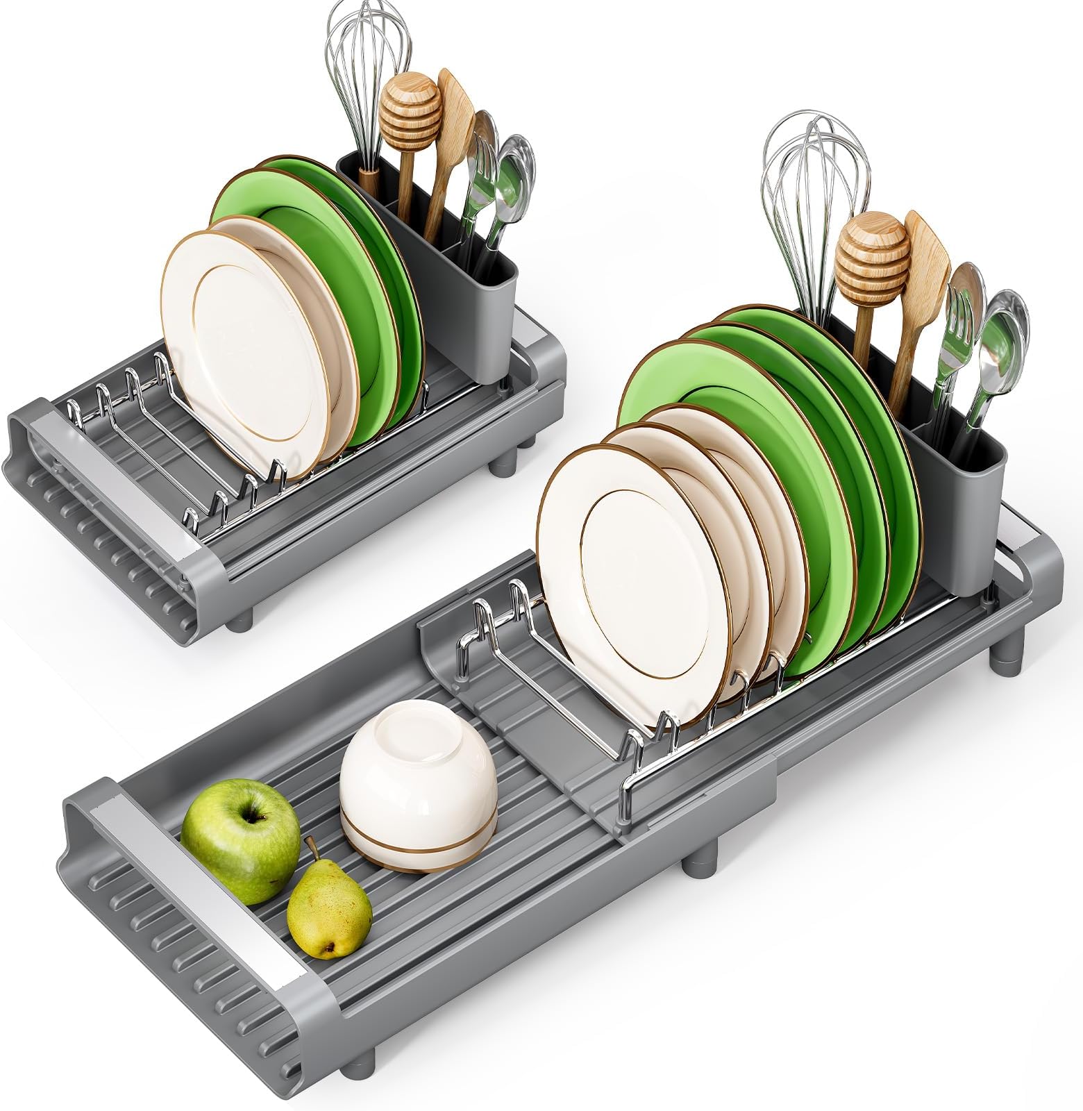 TOOLF Small Dish Drying Rack, Mini Expandable Compact Dish Rack, Slim Extendable Stainless Steel Dish Drainer for Kitchen Plate Storage, Space Saving Dish Strainer in Sink or on Home Countertop, Gray