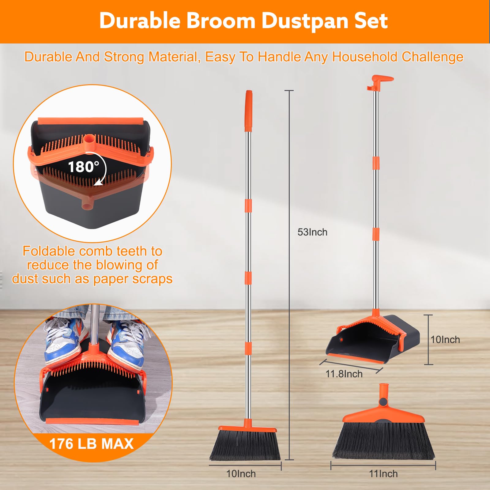 2-In-1 Besen und Kehrschaufel Set mit 130cm Verstellbarem Langem Stiel, Kehrblech mit Kammzähne Kehrbesen mit 2 Austauschbaren Besenköpfen Kehrset für Bodenreinigung