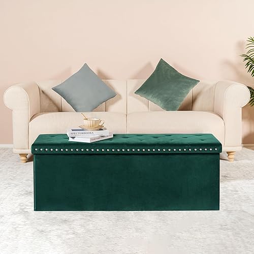 Miniatura 18 de PINPLUS Banco otomano de almacenamiento negro para dormitorio, baúl plegable de terciopelo con bancos, taburete para reposapiés, baúl grande y largo