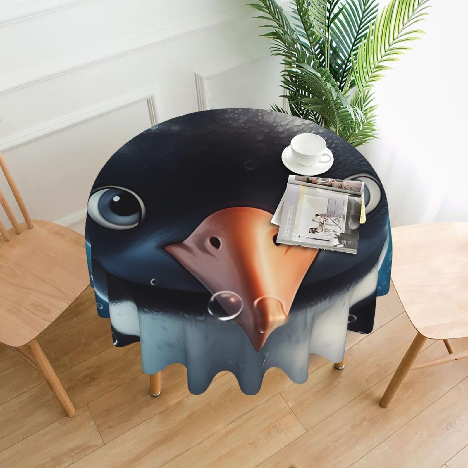 QMKFWT Big Eyed Penguin Printed Round Tablecloth,Dust-Proof Wrinkle Resistant Table Cover Washable Polyester Table Cloth for Kitchen Dining Room Farmhouse Picnic Indoor Outdoor(Round 60 Inch)