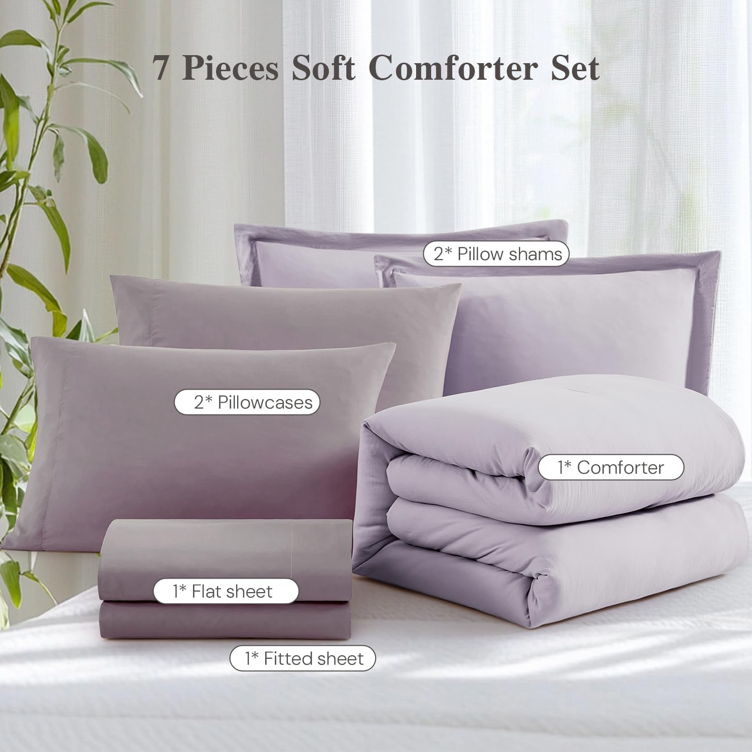 WRENSONGE Full Size Comforter Set- 7 Pieces Lilac Bed in a Bag Full Size Comforter with Fitted Sheet, Flat Sheet, 2 Pillow Shams, 2 Pillowcases, Warm Bedding Sets for All Season - Image 7