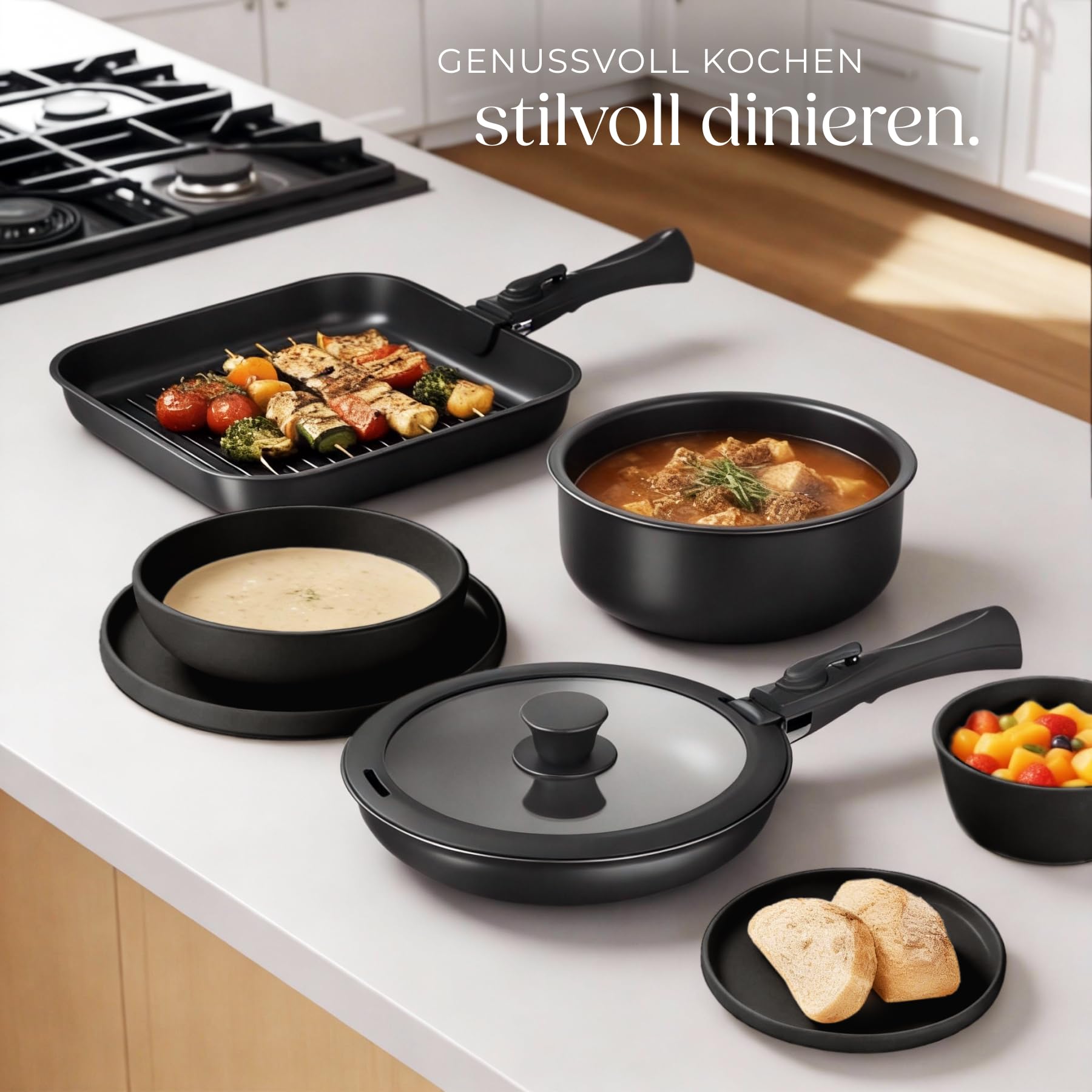 tectake® 41-tlg. Küchenstarterset, Steingut Geschirrset 6 Personen, Teller Set, 2x Kochtopf, 4x Bratpfanne mit Deckel, rostfrei, abnehmbare Griffe, induktionsgeeignet, inkl. Topfschoner - schwarz