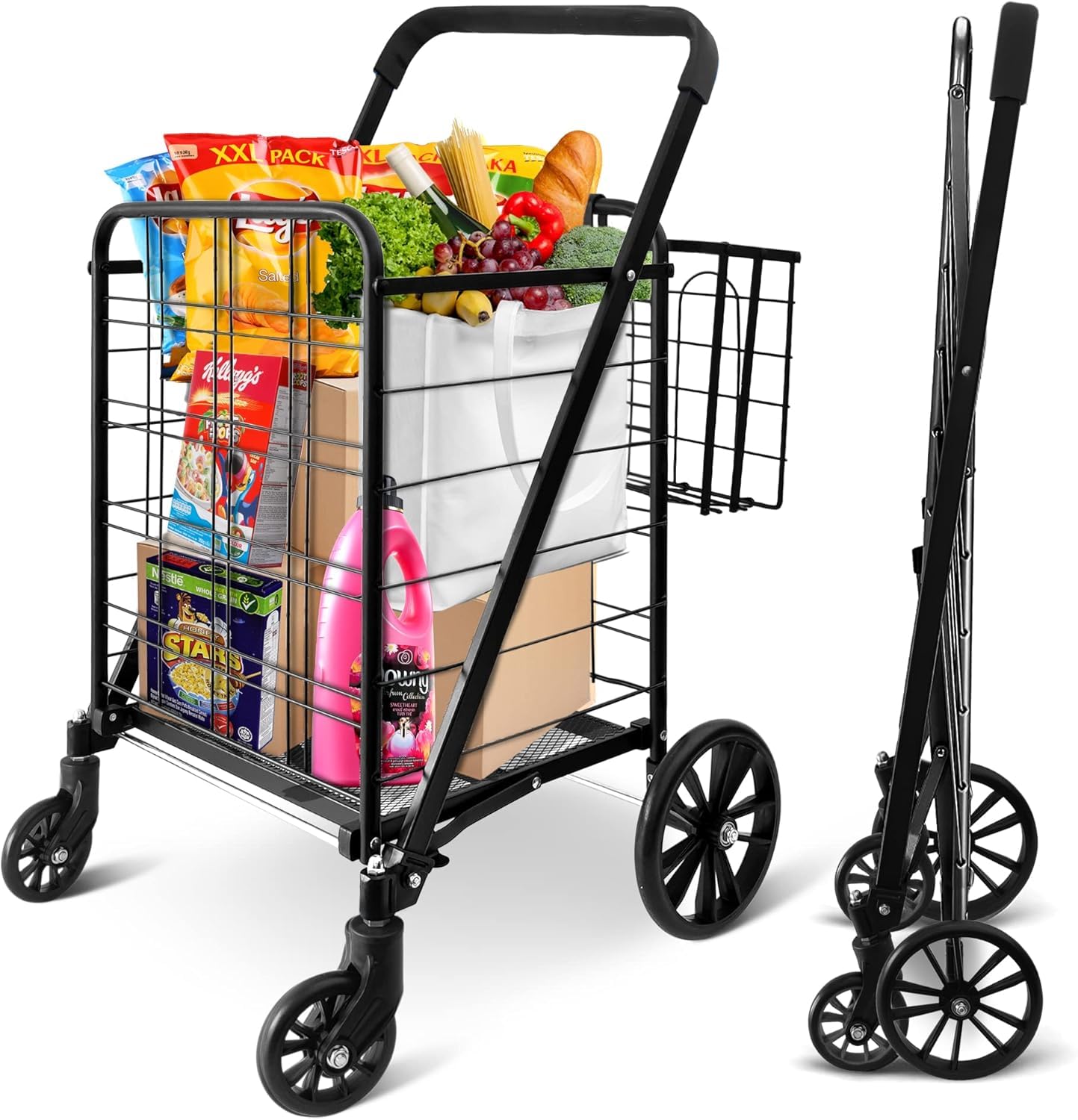 Shopping Supermarket Cart with Extra Basket, with 360 Rolling Swivel Wheels, Collapsible Design, Heavy Duty, Versatile Utility Cart, Load Capacity of 110 lbs, for Groceries and Laundry and More