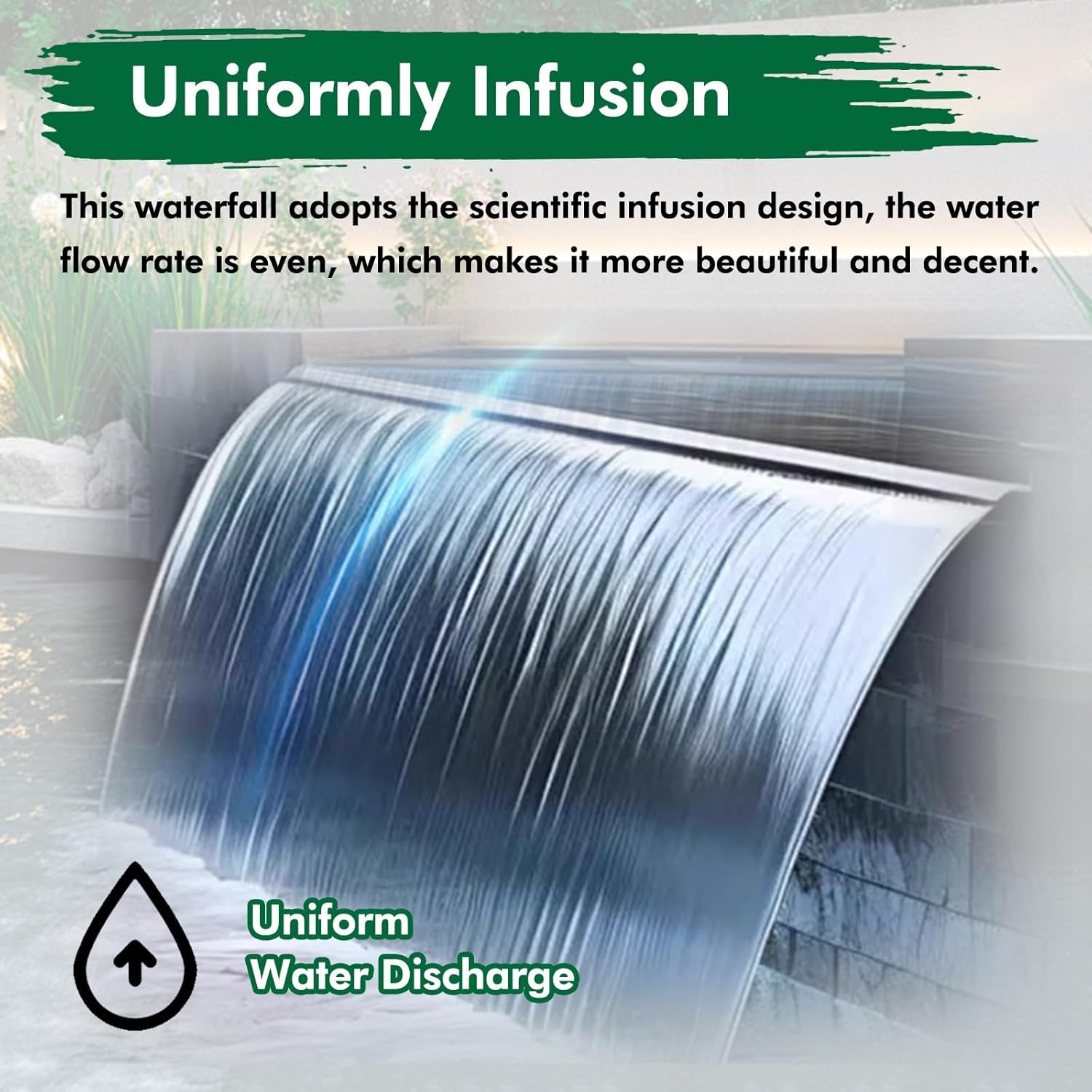 Silver Rectangular Waterfall Fountain for Above Ground Pools, Outdoor/Indoor Garden Decor, 170cm Spillway Water Outlet for Patios & Ponds - Elegant Water Feature