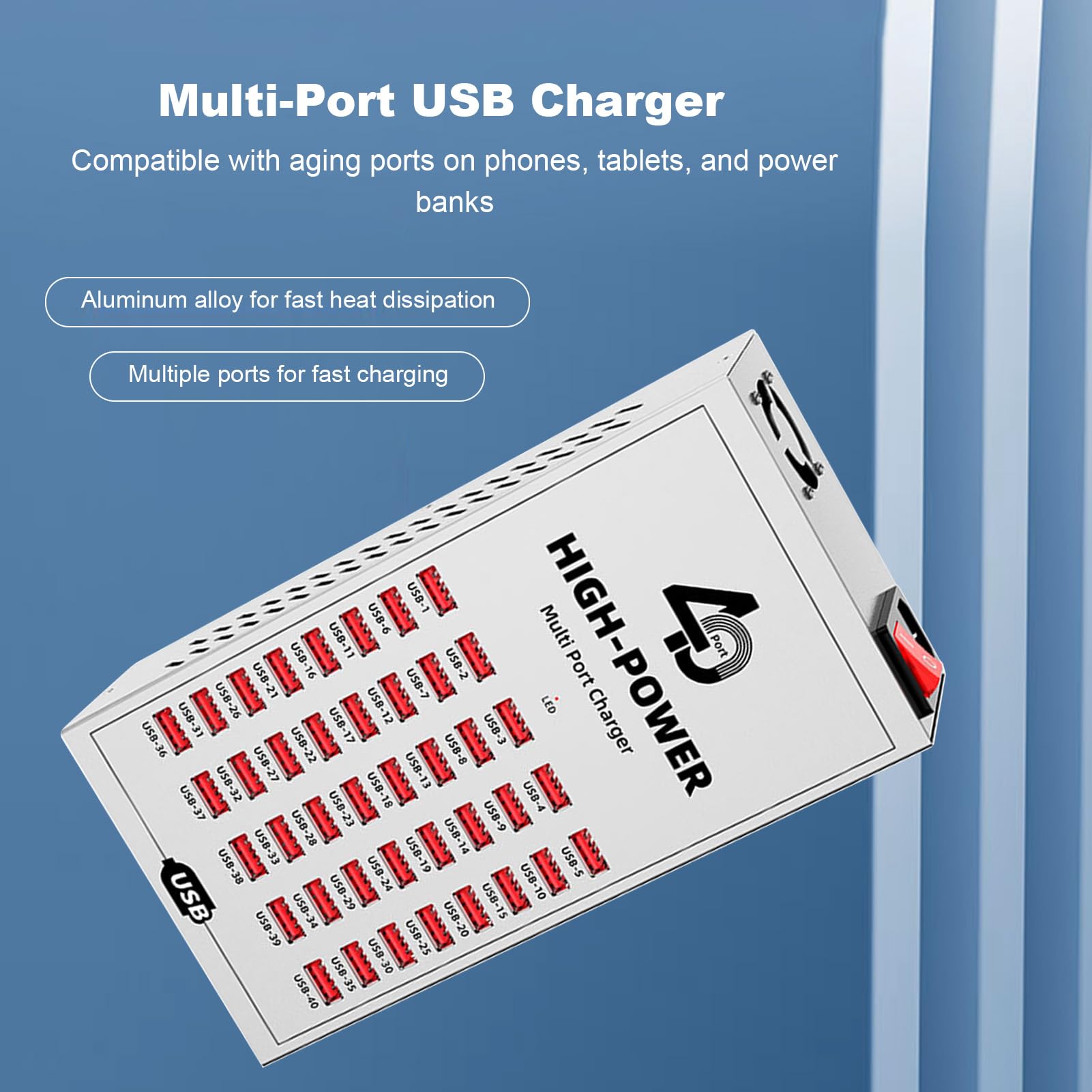 ASHATA Stazione di ricarica USB da 40 Port, 40 Port, 200 W, caricabatterie multi-dispositivo ad alta potenza con ventola di raffreddamento a ricarica rapida, controllo intelligente della temperatura