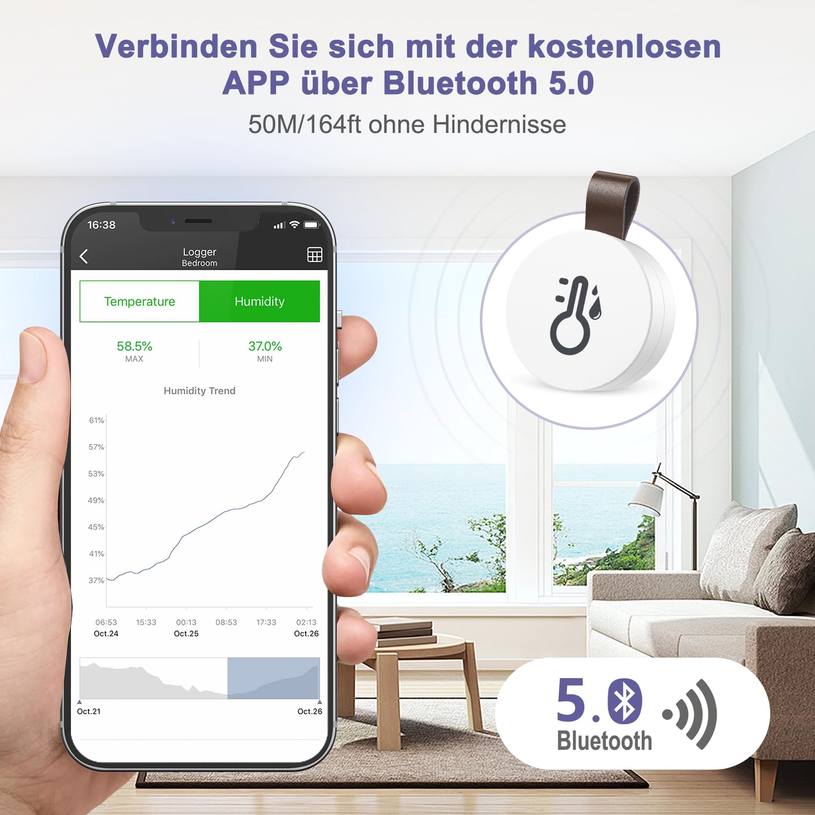 Termometr Bluetooth Higrometr, miernik temperatury i wilgotności powietrza z aplikacją i przechowywaniem danych, cyfrowy czujnik temperatury i wilgotności do biura, szklarni, piwnicy na wino, 2