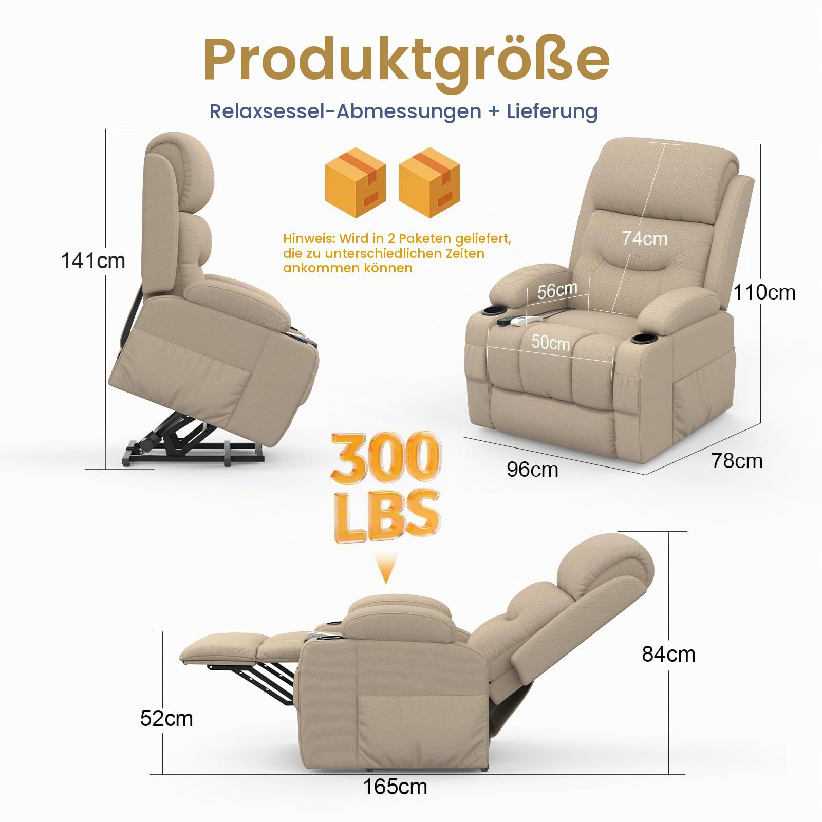 Relaxsessel Fernsehsessel, Massagesessel mit Heizung Elektrischer TV Sessel Liegesessel mit Liegefunktion für Wohnzimmer USB- und Typ-C-Anschlüsse 2 Getränkehalter und 4 Seitentaschen