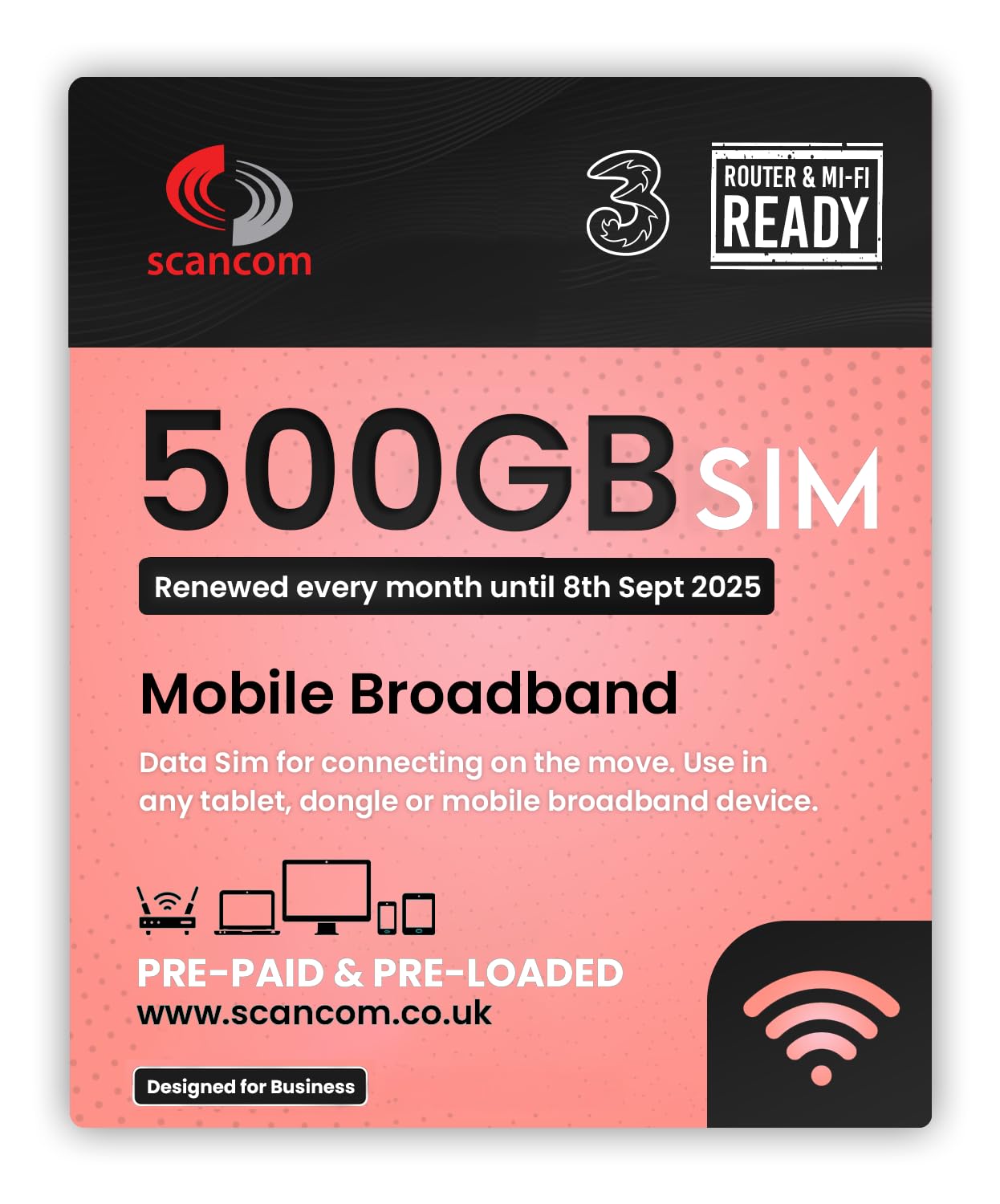 Three 500GB Data SIM – Uncapped 5G Speeds – Preloaded EVERY MONTH Until 8th SEPTEMBER 2025 – No Contract – Plug & Play for Business Broadband, Routers & Phones