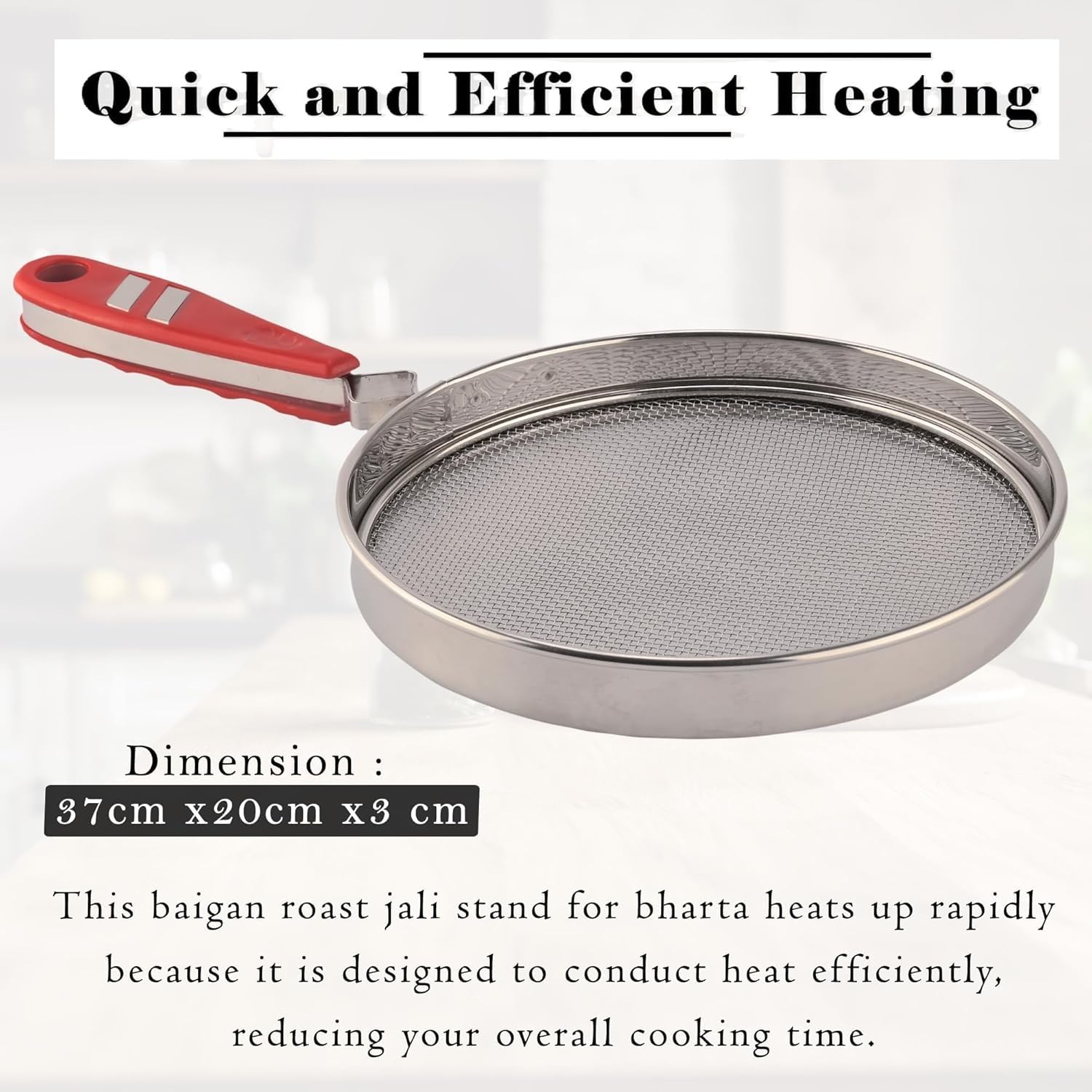 Stainless Steel Roti Roasting Grill, 37cm Mesh Strainer with Red Handle, Round BBQ Net for Bharta, Phulka and Papad