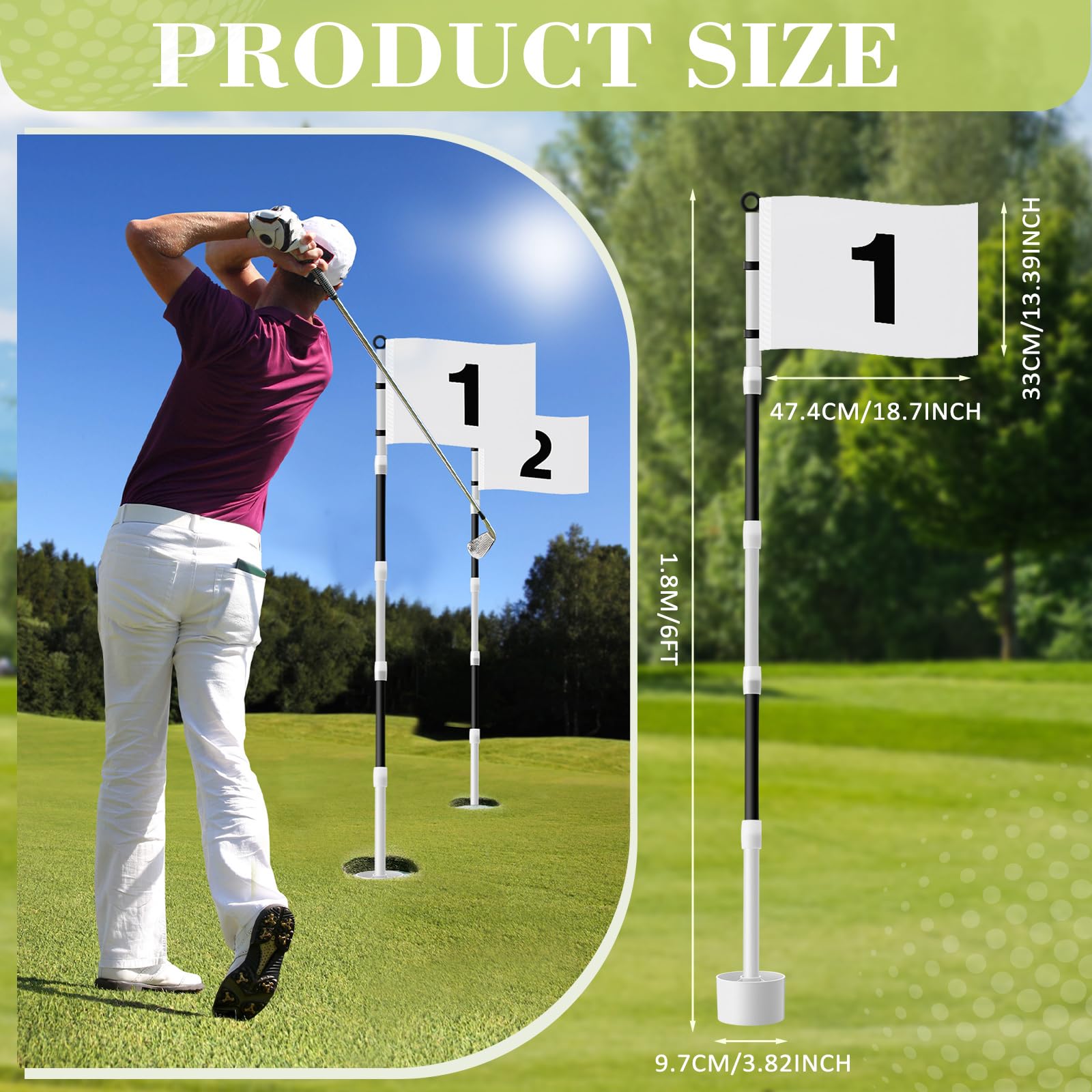 Golfflaggenstab, 1,8 m, grüne Flagge, Golflochstange, nummerierte Flaggen für Driving Range, Hinterhof, Putting Green und Chipping Greens, Geschenke, 2 Stück (schwarz)