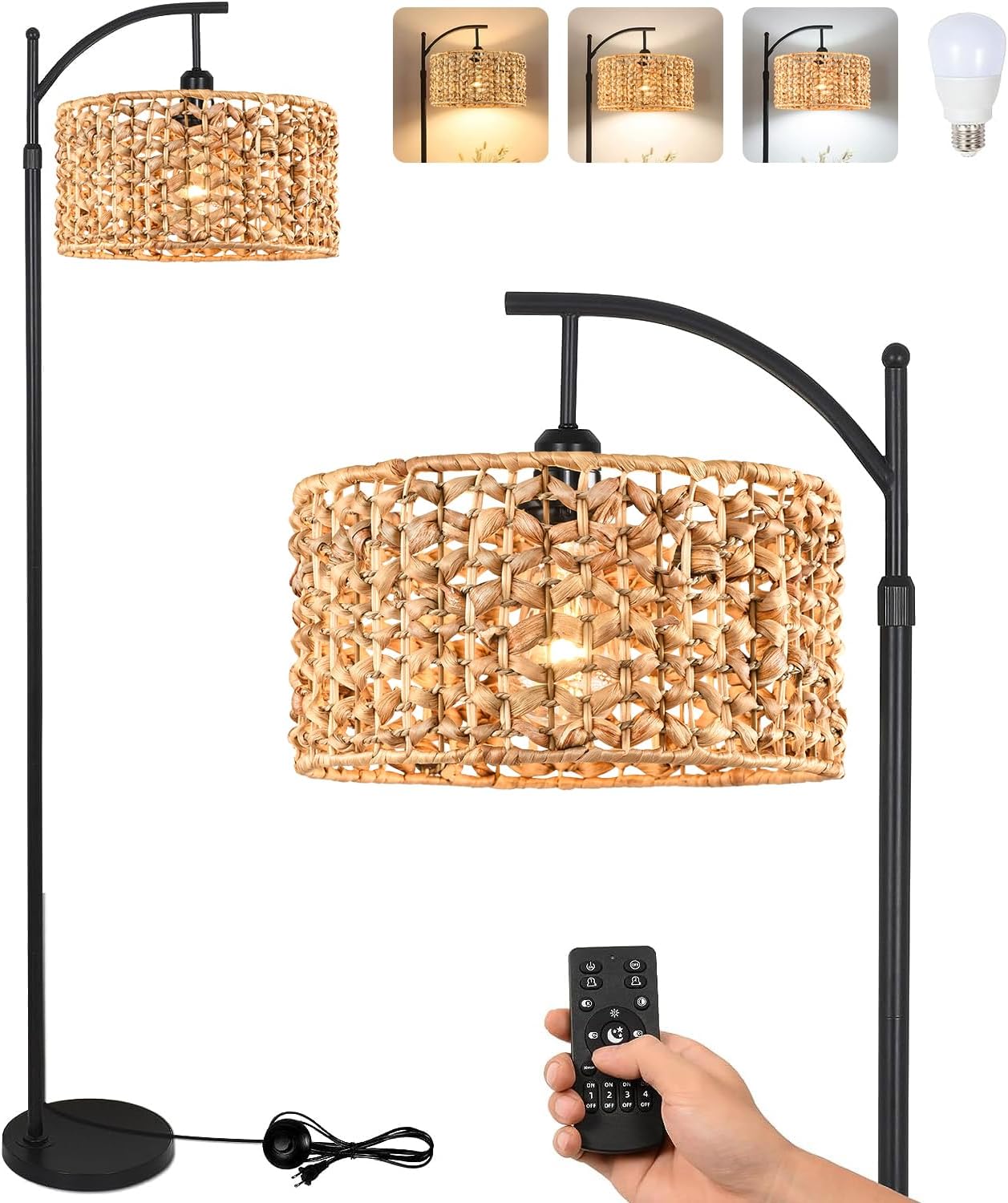 Floor Lamp for Living Room Bedroom Arc Rattan Boho Standing Lamp with Remote & Dimmable Bulb