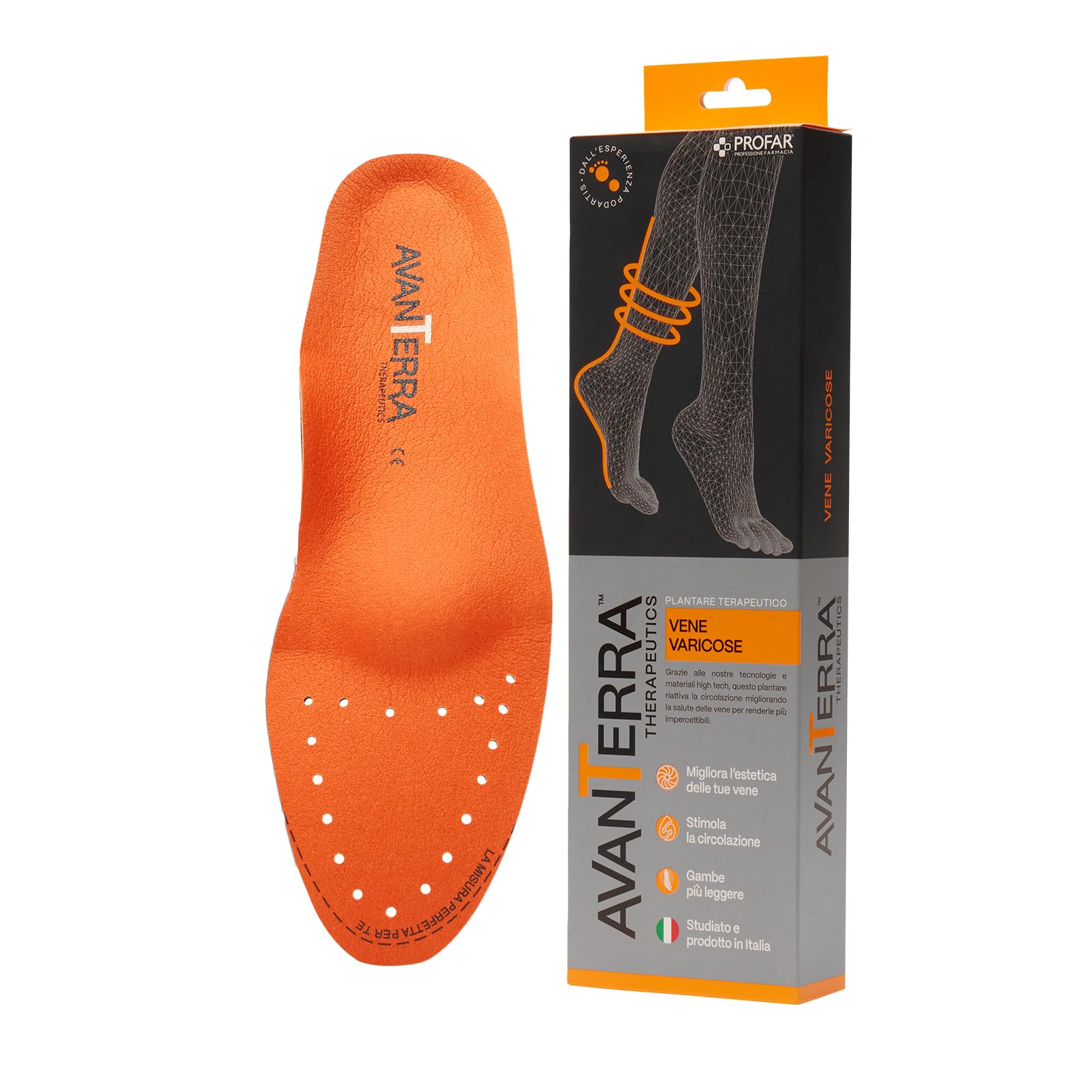 Avanterra Plantare Vene Long Arancione – Terapeutico Circolatorio Made in Italy con Drypod® Assorbi sudore, Effetto Pump, Riduce Varici e Migliora il Drenaggio Venoso (39/40)
