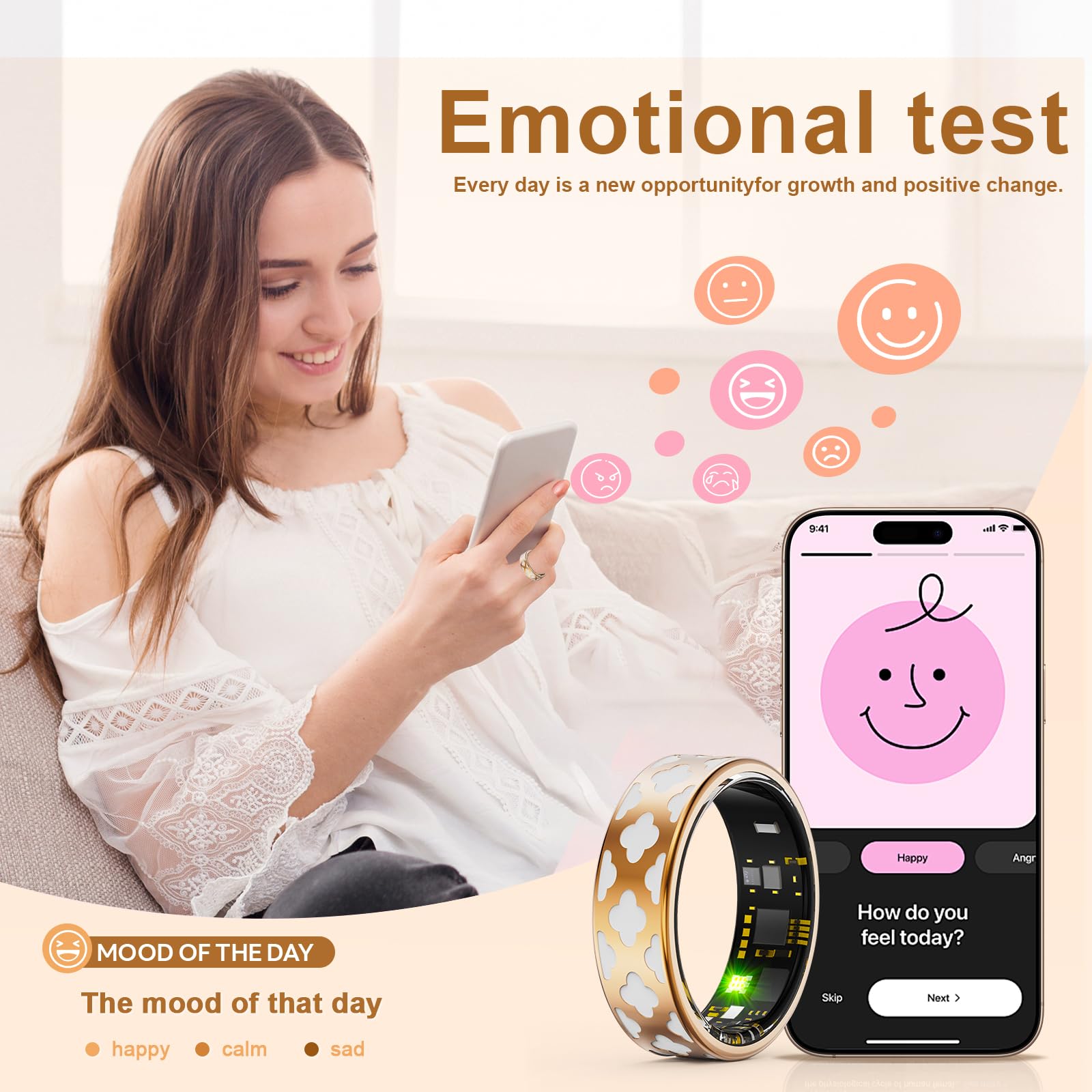 Bague Connectée Élégante pour Femme & Homme, Smart Ring Traqueur de Santé avec Fréquence Cardiaque, Oxygène Sanguin, Sommeil, Podomètre, 10ATM Étanche, Compatible iOS/Android, Fitness Ring (10)